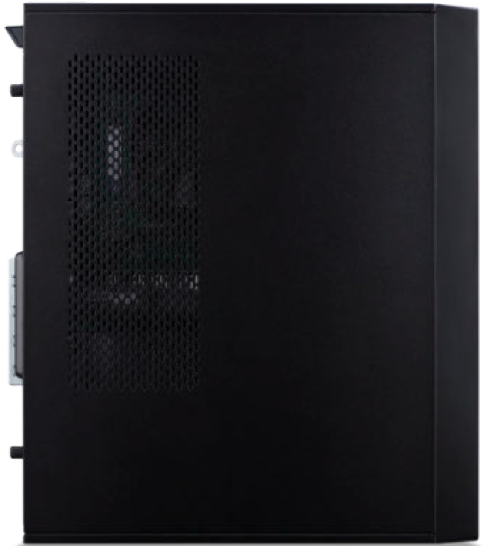 Ein schwarzer Computer-Tower mit Lüftungsgitter an der Seitenwand auf weißem Hintergrund.