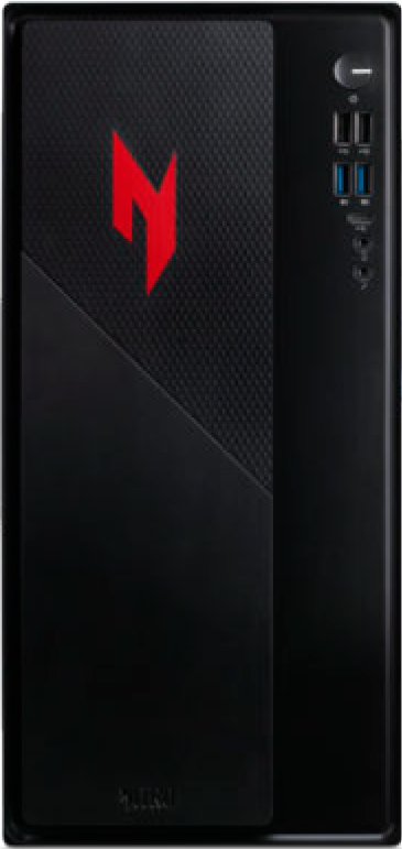Schwarzer Desktop-PC mit rotem Logo, Mesh-Front und USB-Anschlüssen oben rechts.