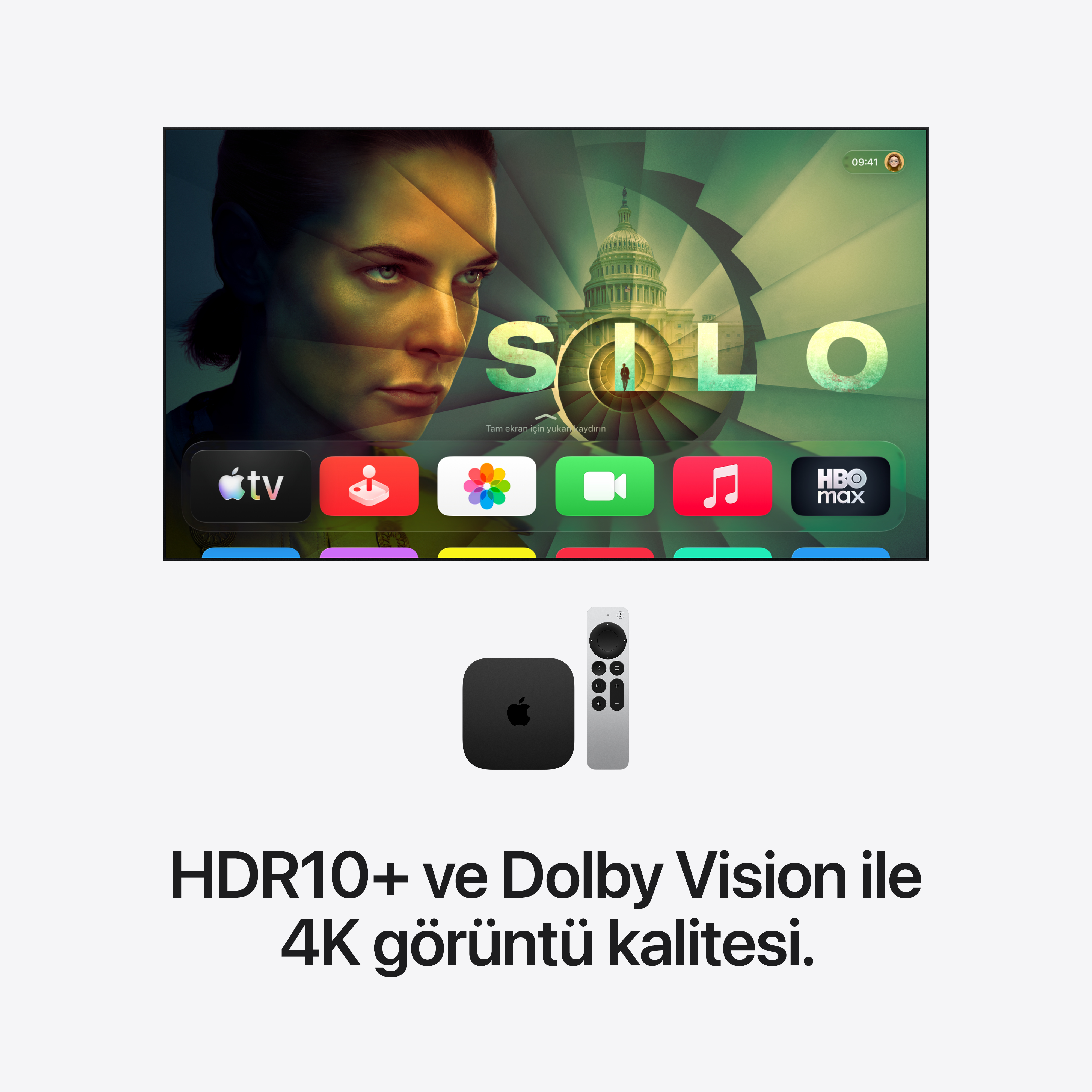 Uzaktan kumandalı Apple TV 4K cihazı ve arayüzü gösteren bir TV.