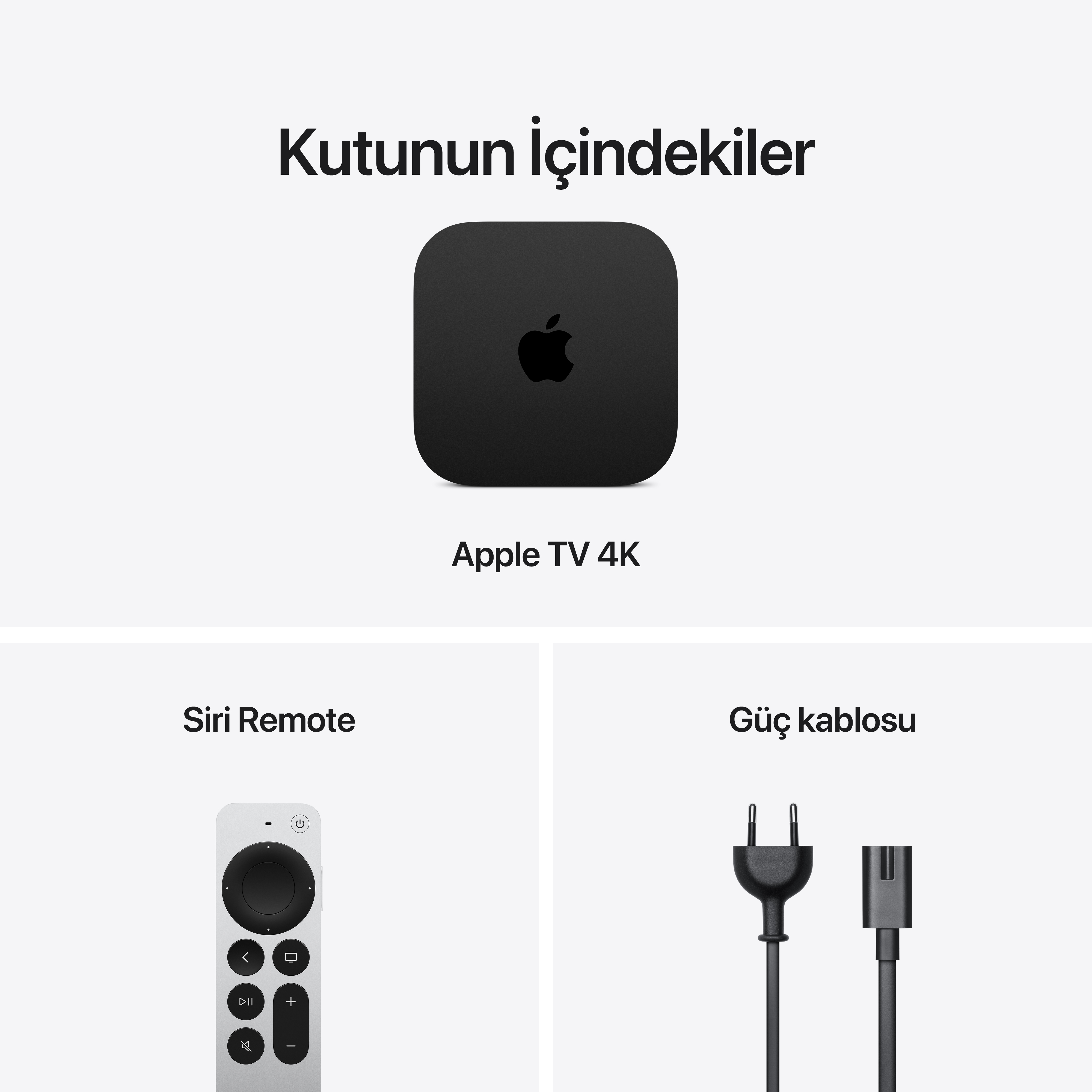 Siri Kumanda ve güç kablosunu içeren Apple TV 4K kutu içeriği.