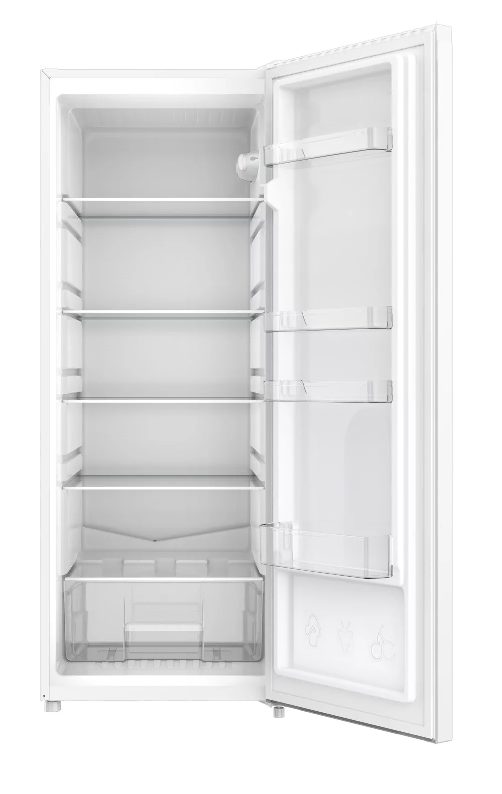 Egy nyitott, fehér hűtőszekrény négy polccal, egy alsó fiókkal és ajatórekeszekkel, fehér háttér előtt.