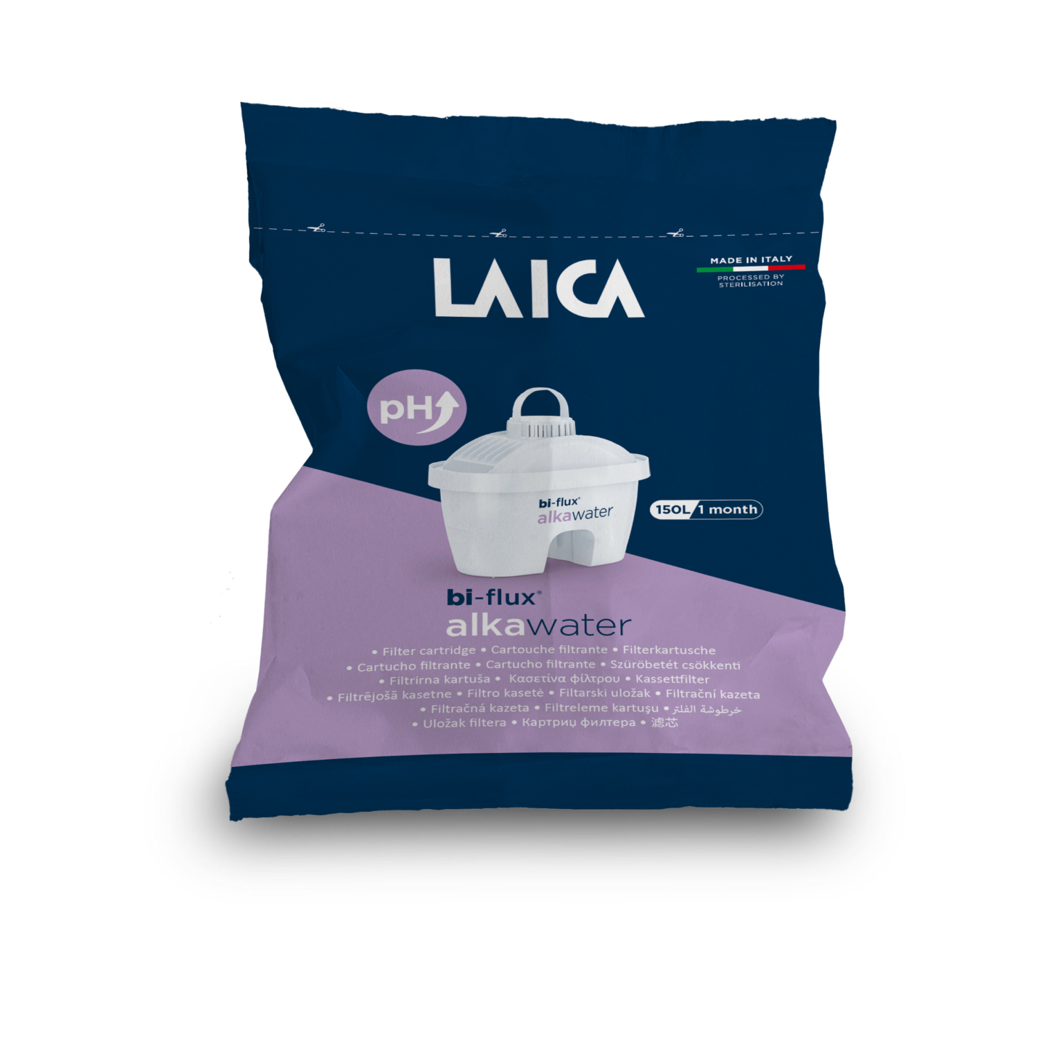 Kék csomagolású Laica bi-flux alkawater szűrőbetét fehér szűrővel és lila részletekkel.