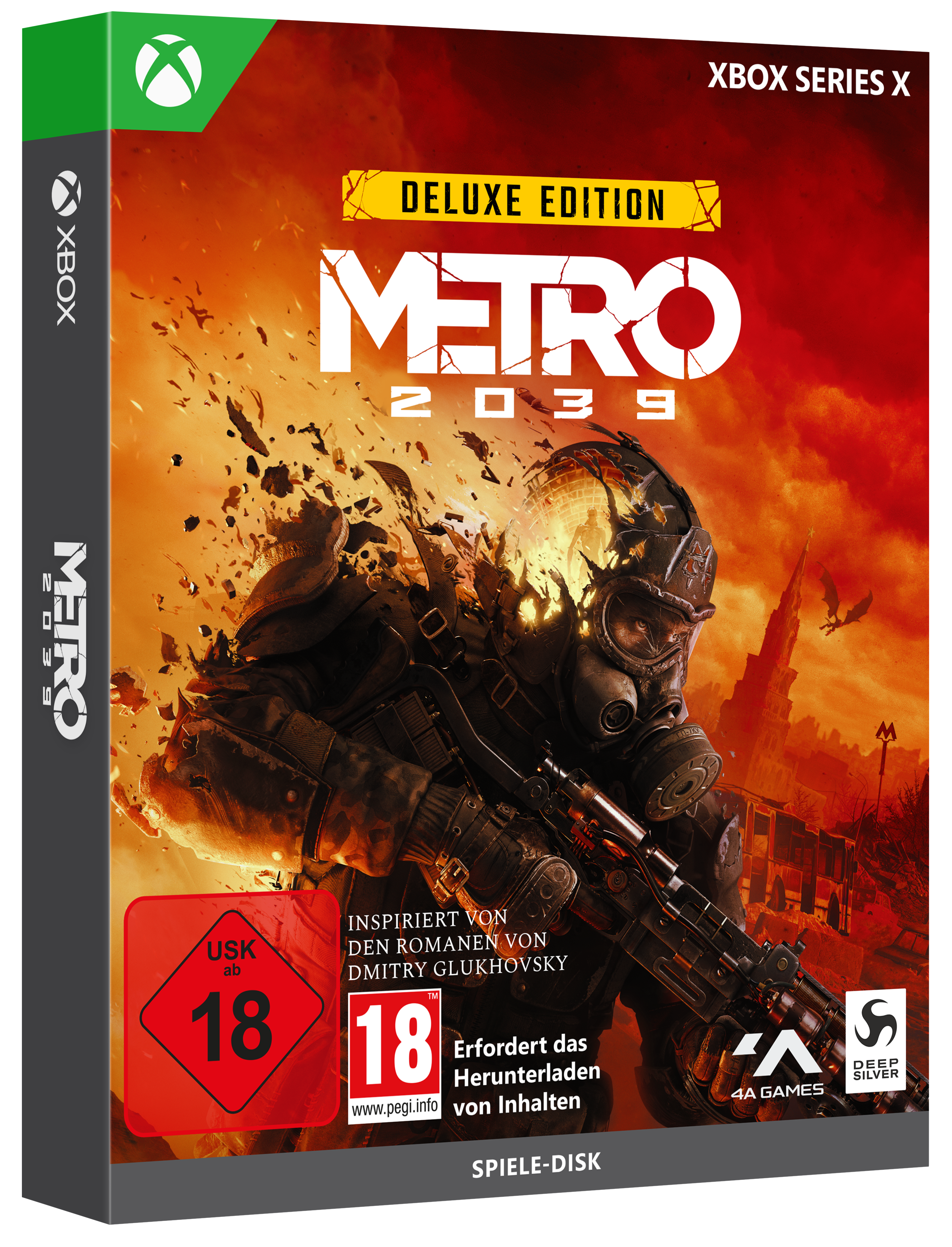 Xbox Series X Spielhülle für Metro 2039 Deluxe Edition mit Soldat in Gasmaske vor rotem Hintergrund.