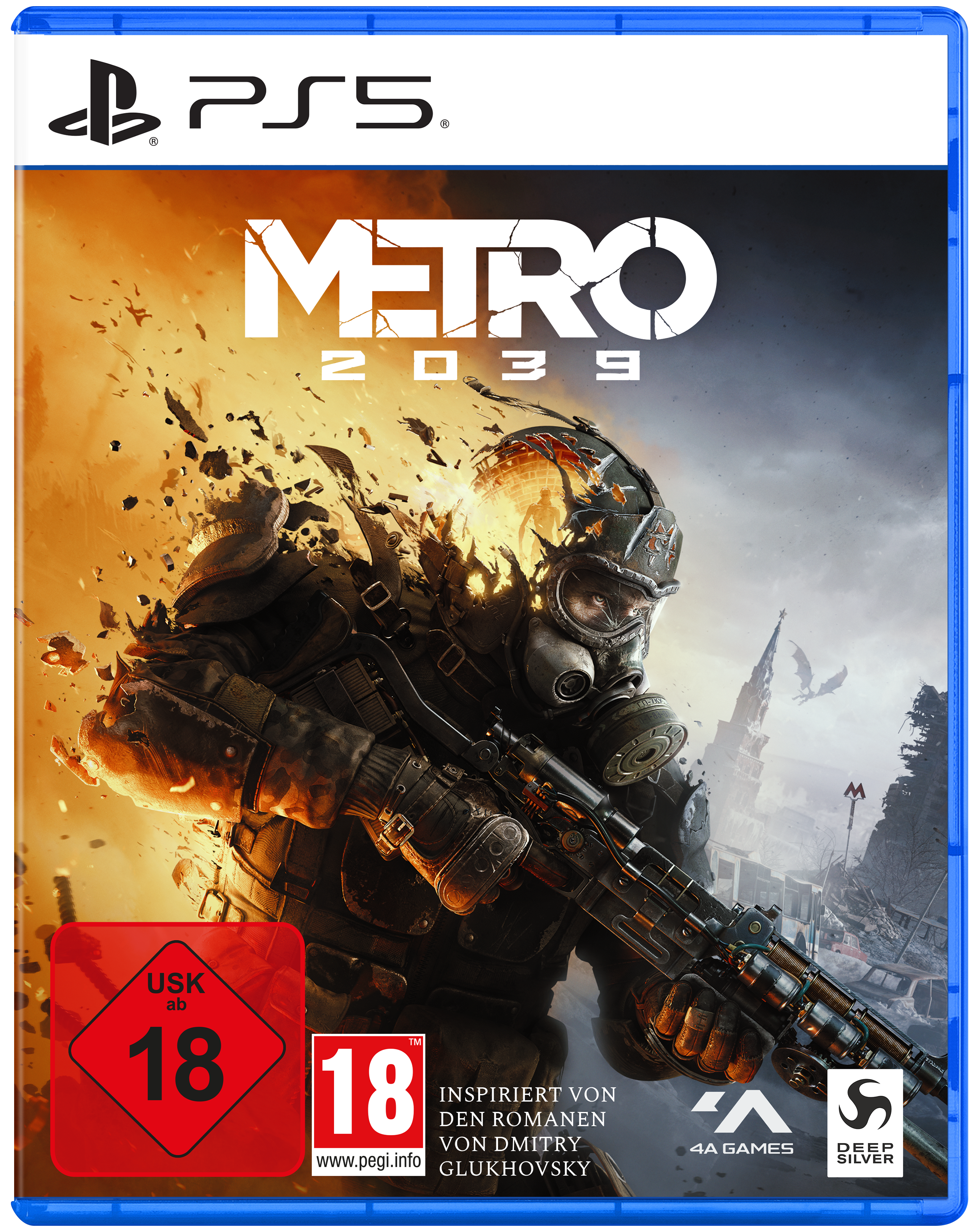 PS5-Spielcover mit Soldat in Gasmaske und Gewehr vor brennender, zerstörter Stadtkulisse.