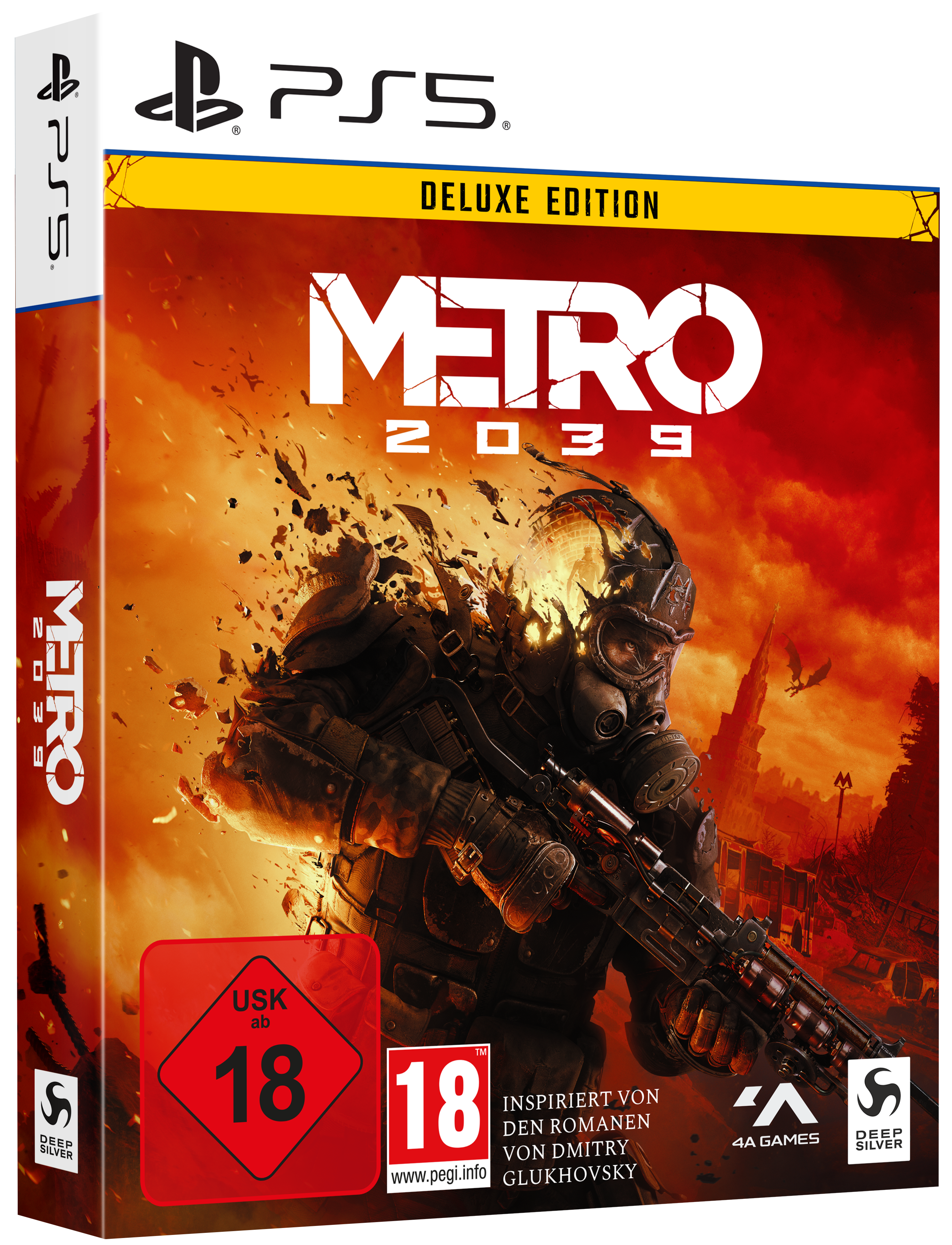 PS5-Spielhülle Metro 2039 Deluxe Edition mit bewaffnetem Soldaten im Gasmaske auf rotem Hintergrund.