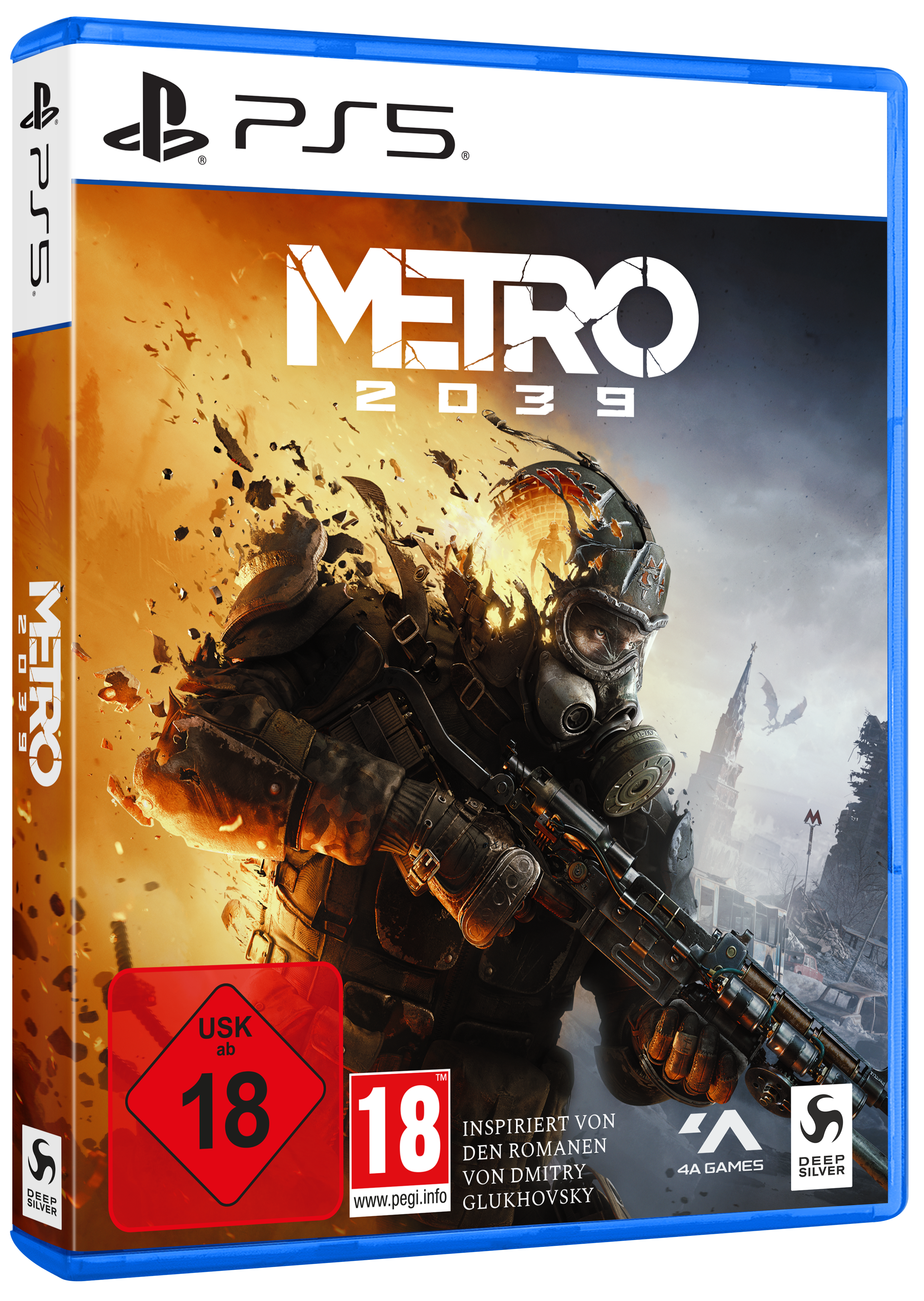 PS5-Spielhülle für Metro 2039 mit bewaffnetem Soldaten in Schutzmaske vor brennender Ruinenstadt.