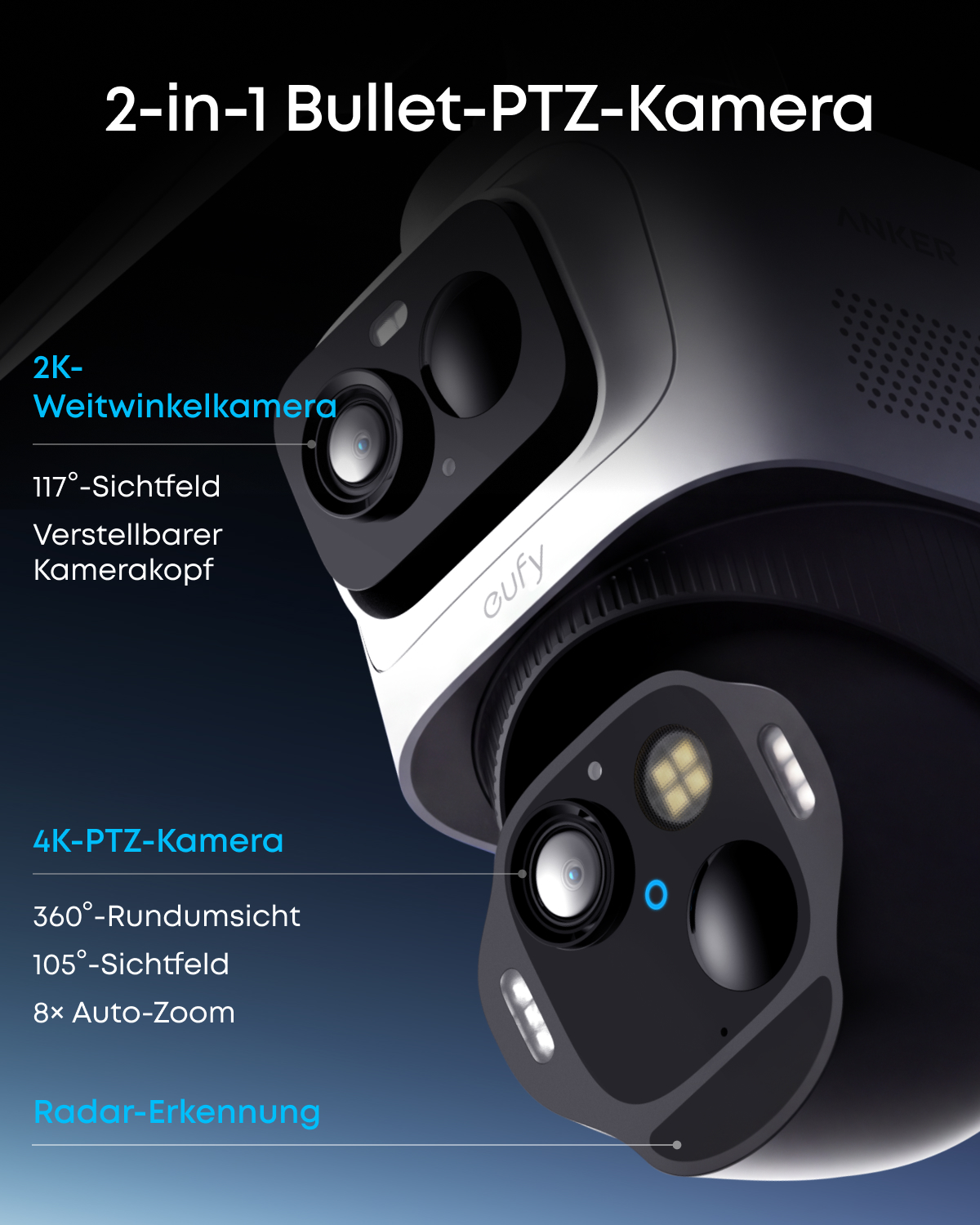 2-in-1-Sicherheitskamera mit Weitwinkel und PTZ-Funktion.