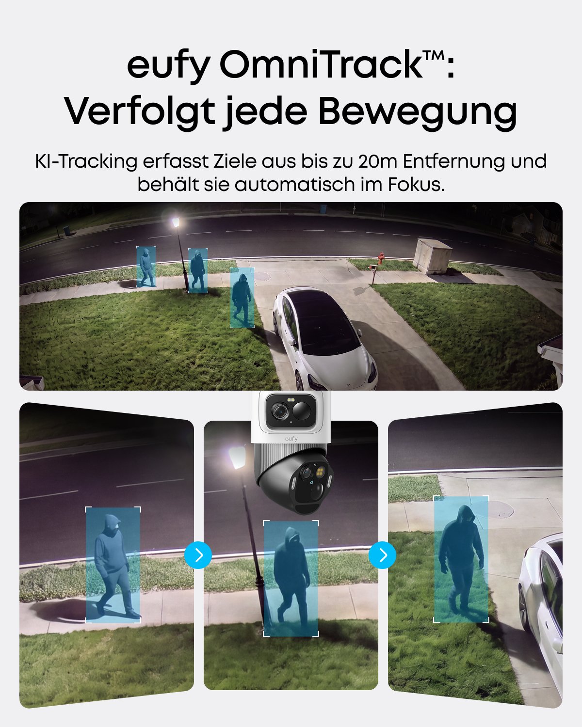 Überwachungskamera verfolgt Personen nachts auf der Straße mit blauen Zielrahmen.