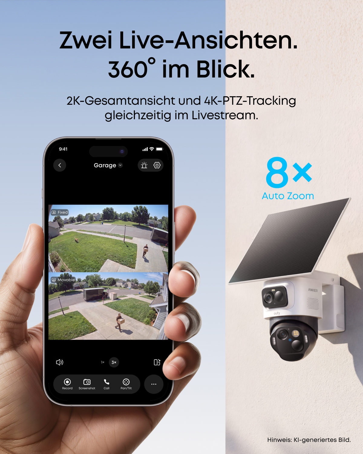 Smartphone mit zwei Kamera-Liveansichten zeigt App-Steuerung für eine eufy Überwachungskamera mit Solarpaneel.