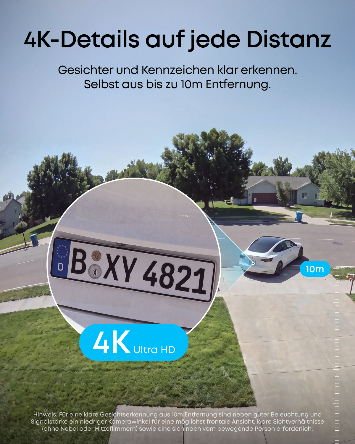 Sicherheitskamera zeigt geparktes Auto in Einfahrt mit vergrößertem Kennzeichenausschnitt.