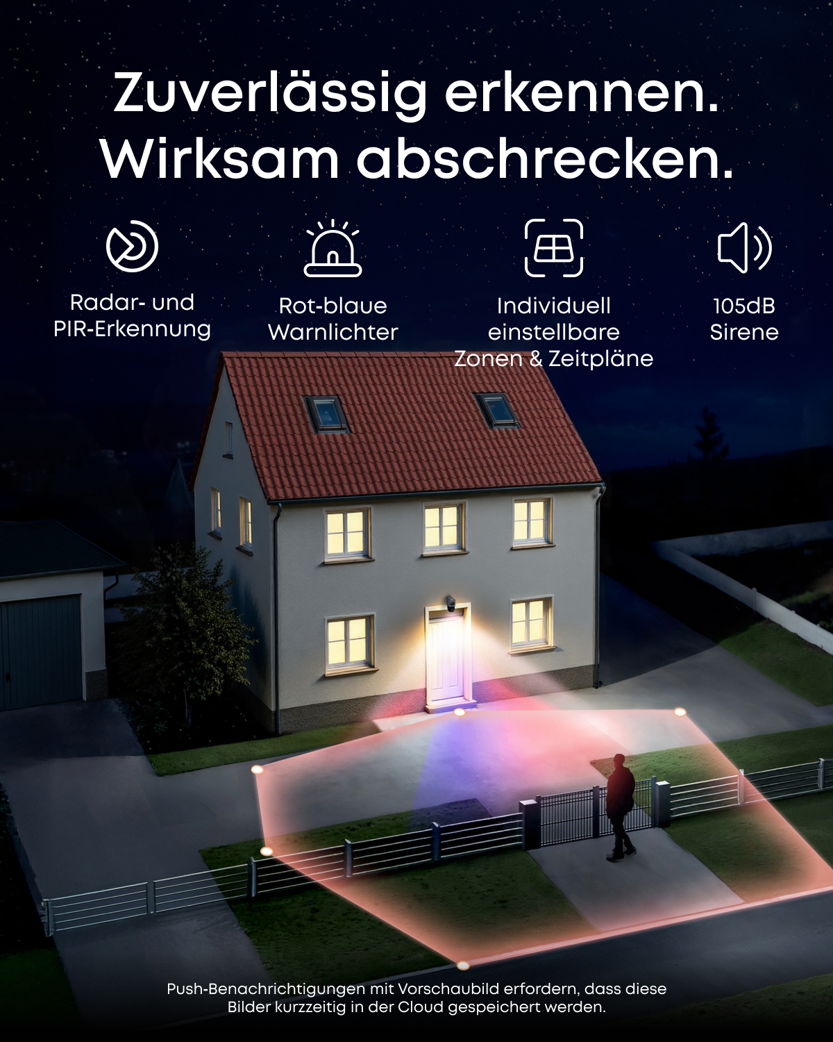 Ein Haus bei Nacht mit beleuchteten Fenstern und einer Sicherheitskamera, die eine rot-blaue Zone projiziert.