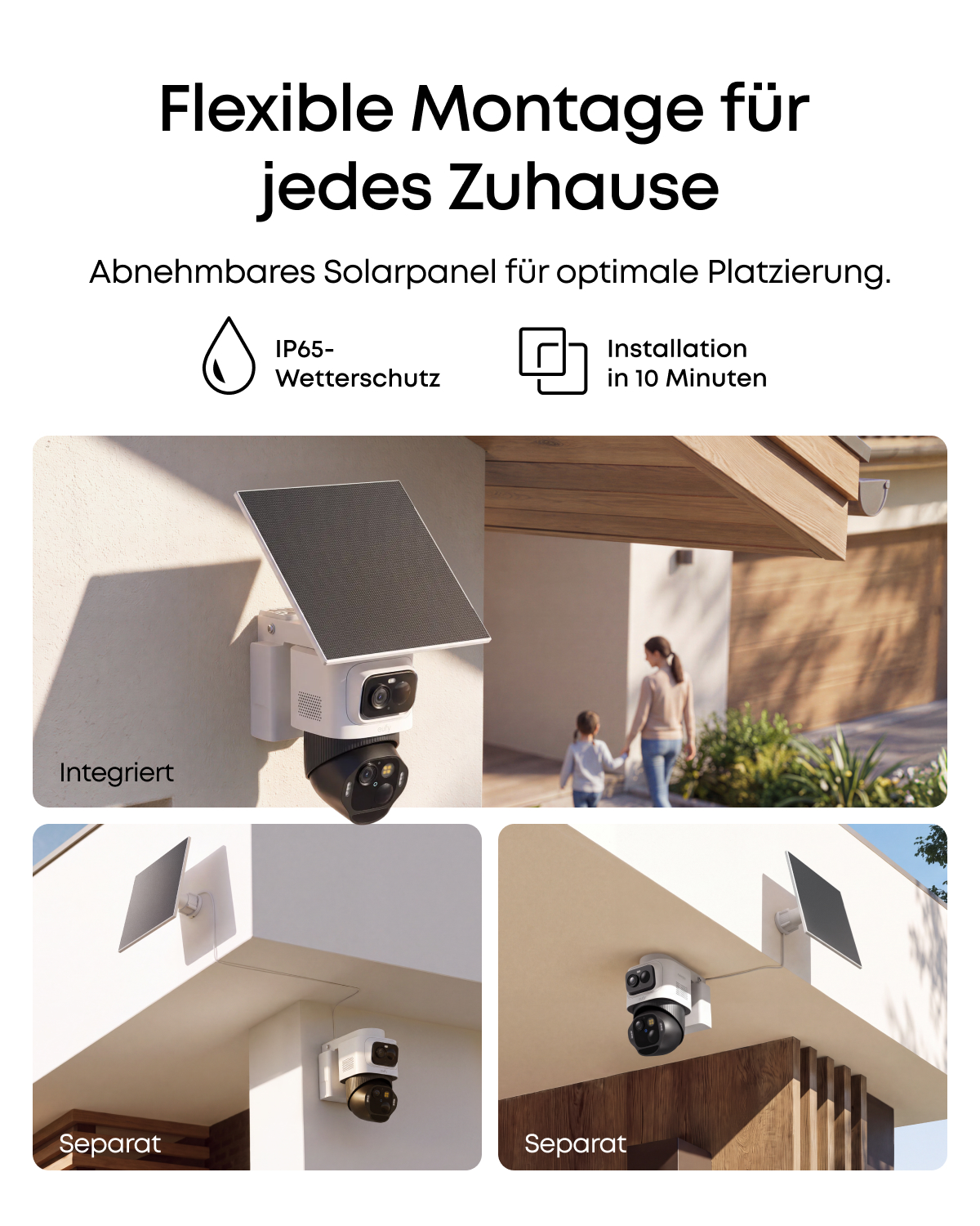 Überwachungskamera mit flexiblem Solarpanel zur Wandmontage.