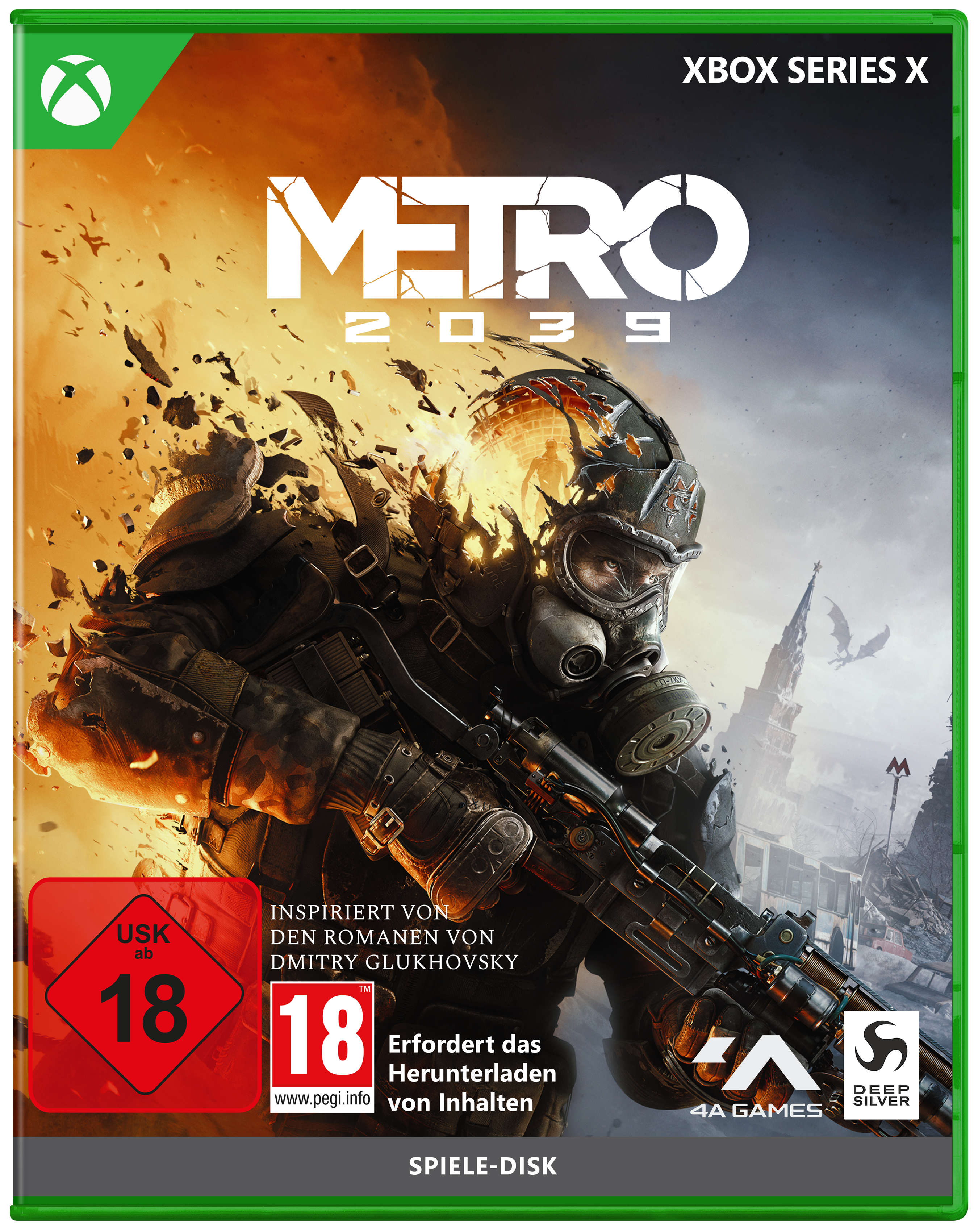 Xbox Series X Cover von Metro 2033 mit einem Soldaten in Schutzkleidung, der eine Waffe hält, vor zerstörtem Hintergrund.