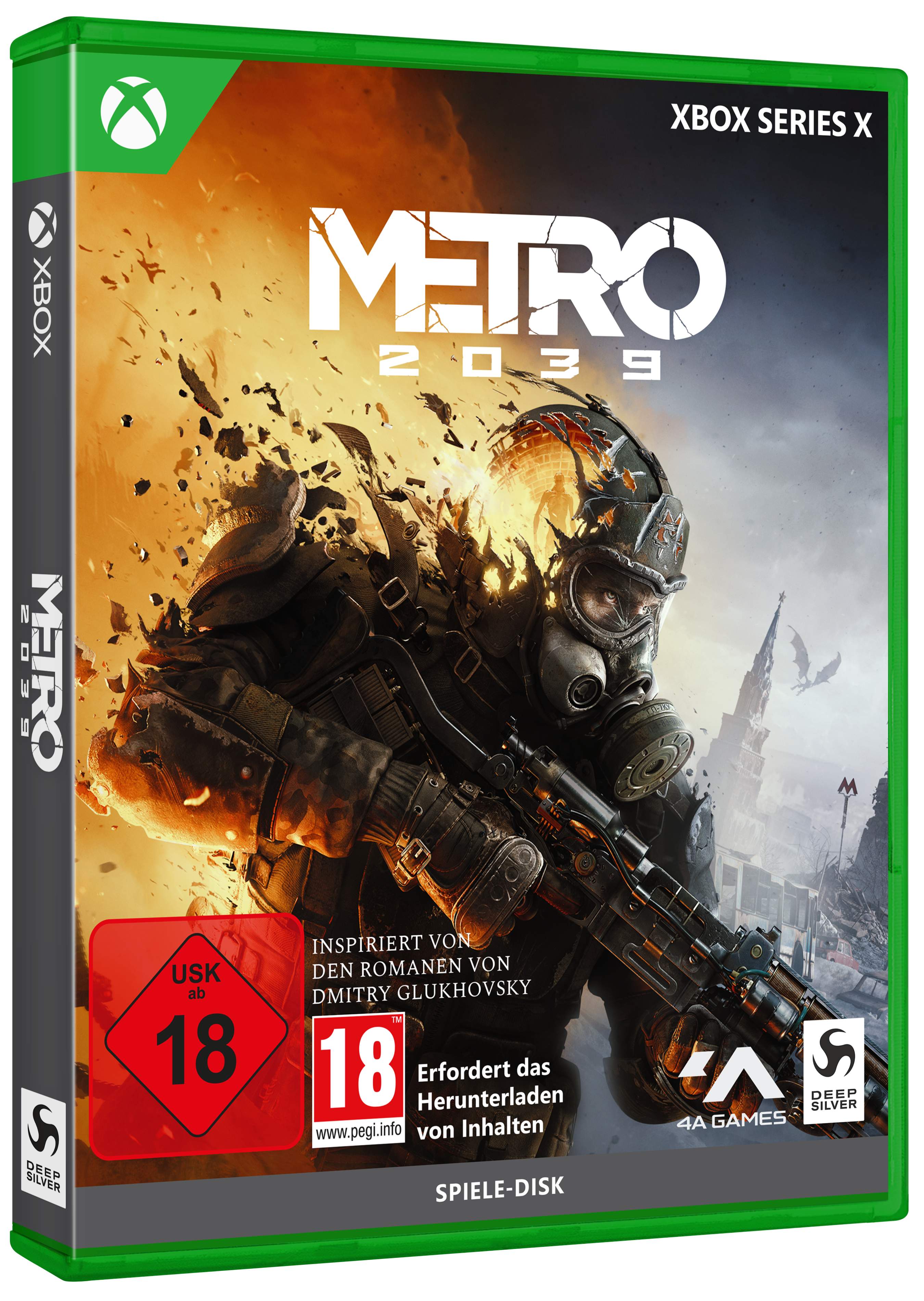 Xbox Series X Spielhülle von Metro 2039 mit einem bewaffneten Soldaten in Gasmaske vor brennendem Hintergrund.