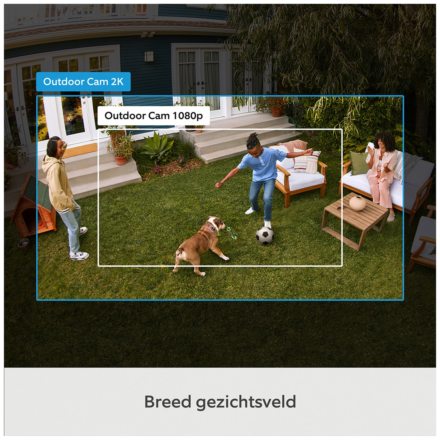 Vergelijking van 2K- en 1080p-camerabeelden in een achtertuin met kinderen, een hond en tuinmeubels.