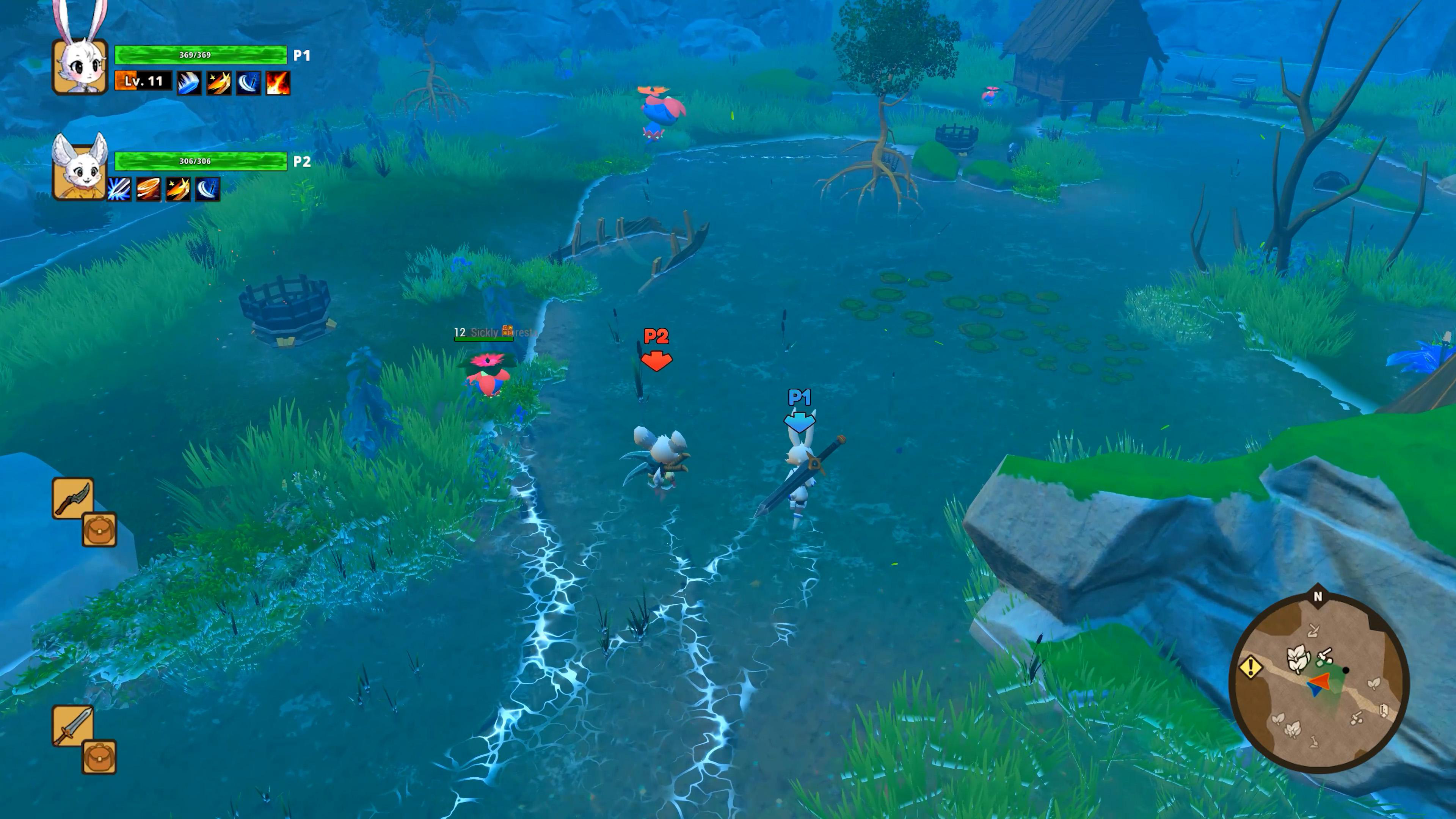 Zwei spielbare Charaktere in einer bunten, sumpfigen Landschaft mit HUD-Elementen.