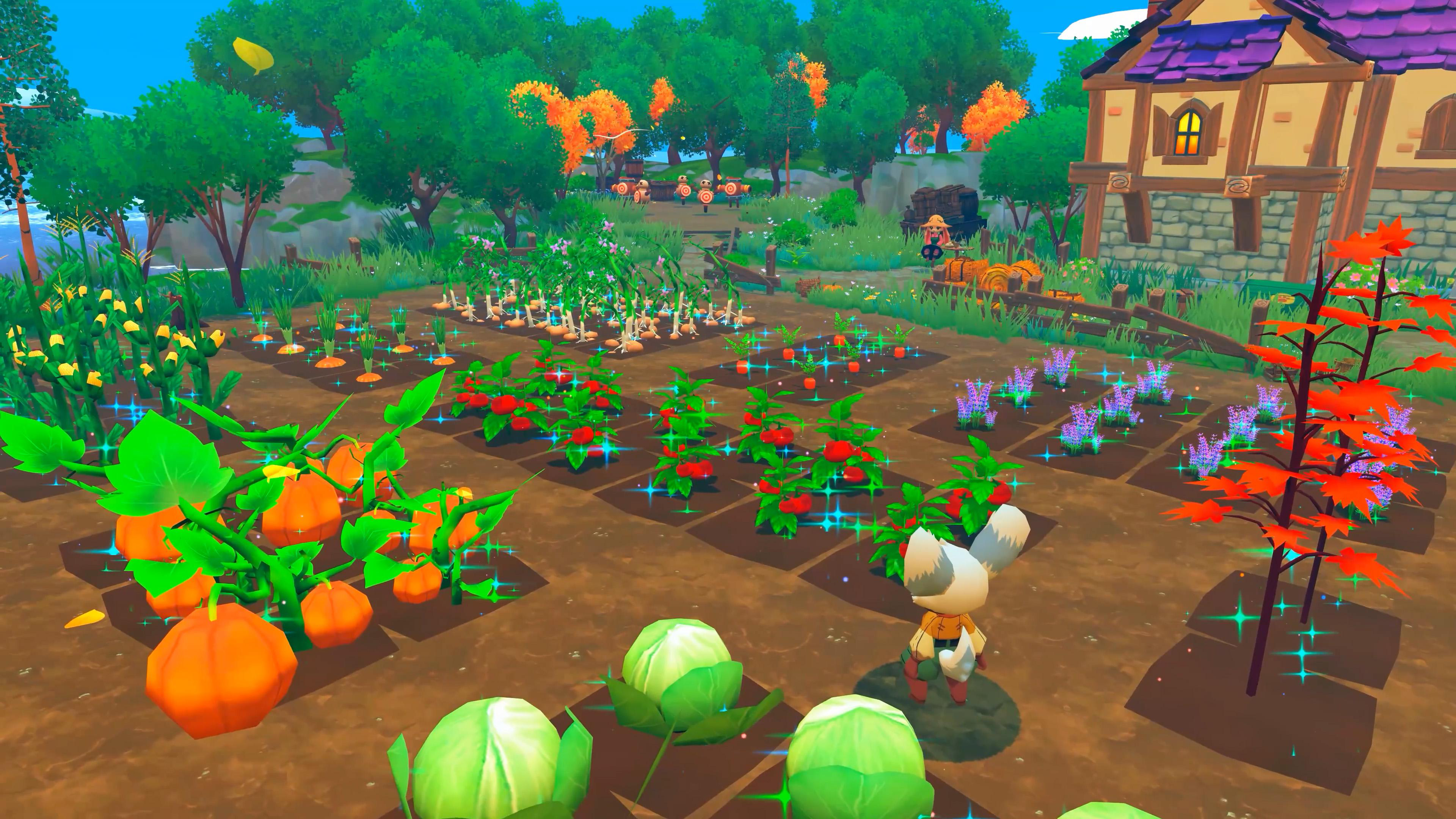 Ein Charakter steht vor einem lebhaften Garten mit Kürbissen, Pflanzen und Bäumen in einer bunten Spielwelt.