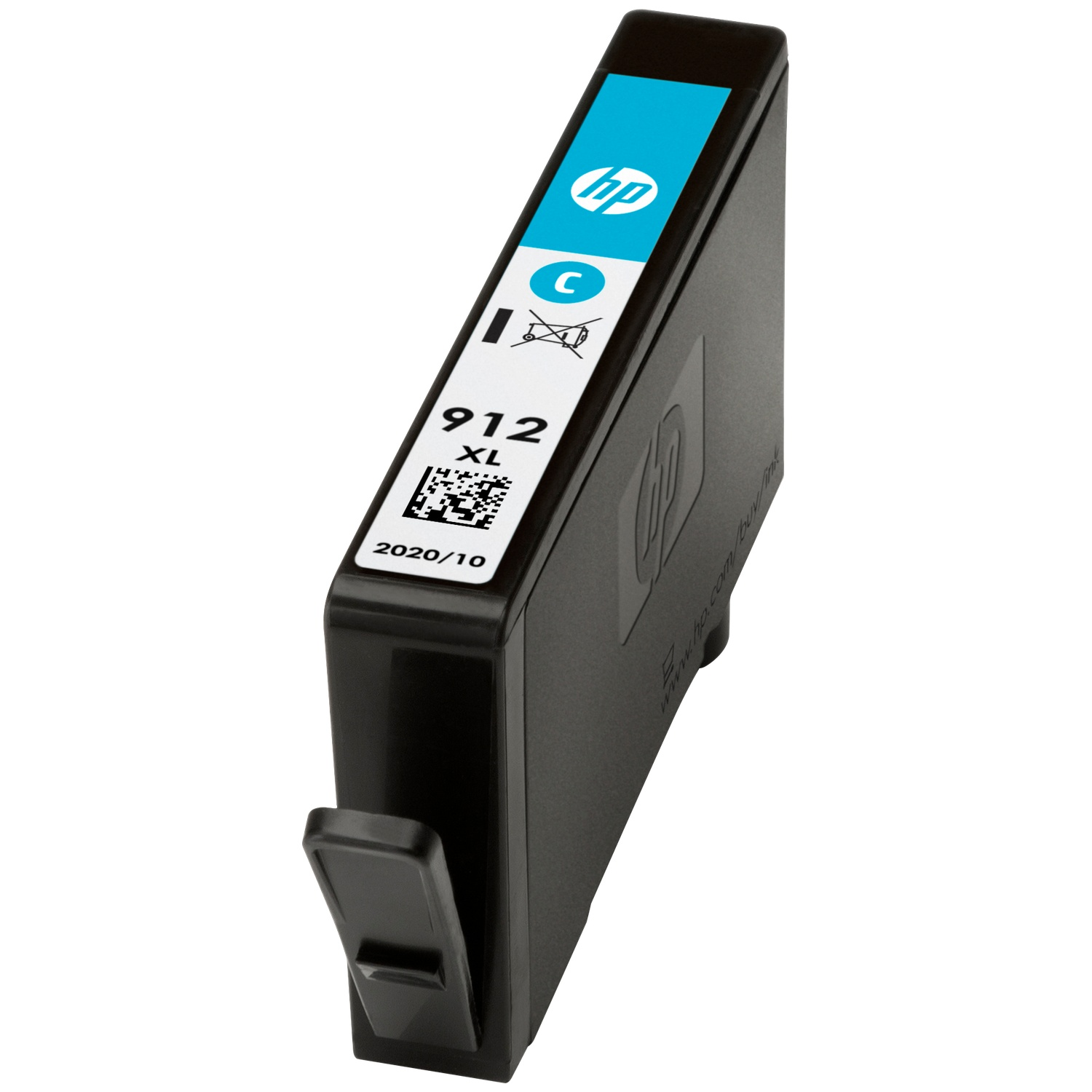 Black HP 912 XL cyan ink cartridge on a white background.