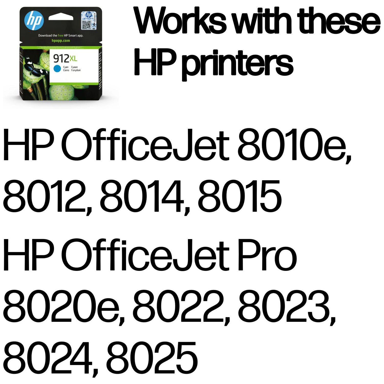HP 912XL cyan ink cartridge compatible with OfficeJet 8010 and Pro 8020 series.
