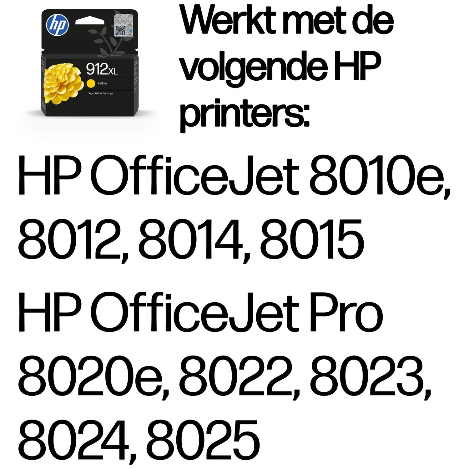 HP 912XL yellow ink cartridge with compatible printer lists.