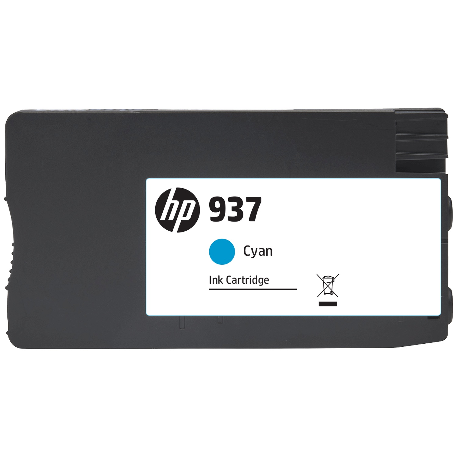 Black HP 937 cyan ink cartridge featuring a white label and blue dot on a white background.
