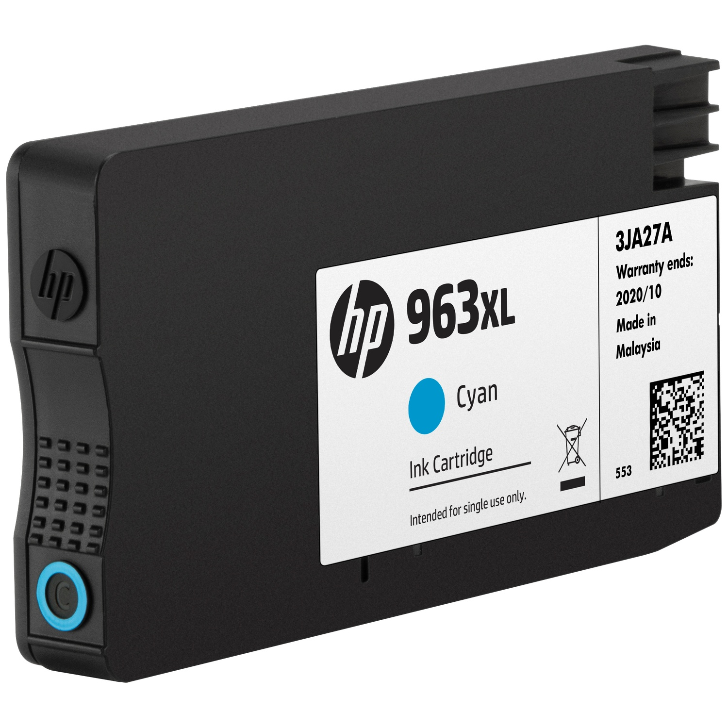 Black HP 963XL cyan ink cartridge on a white background.