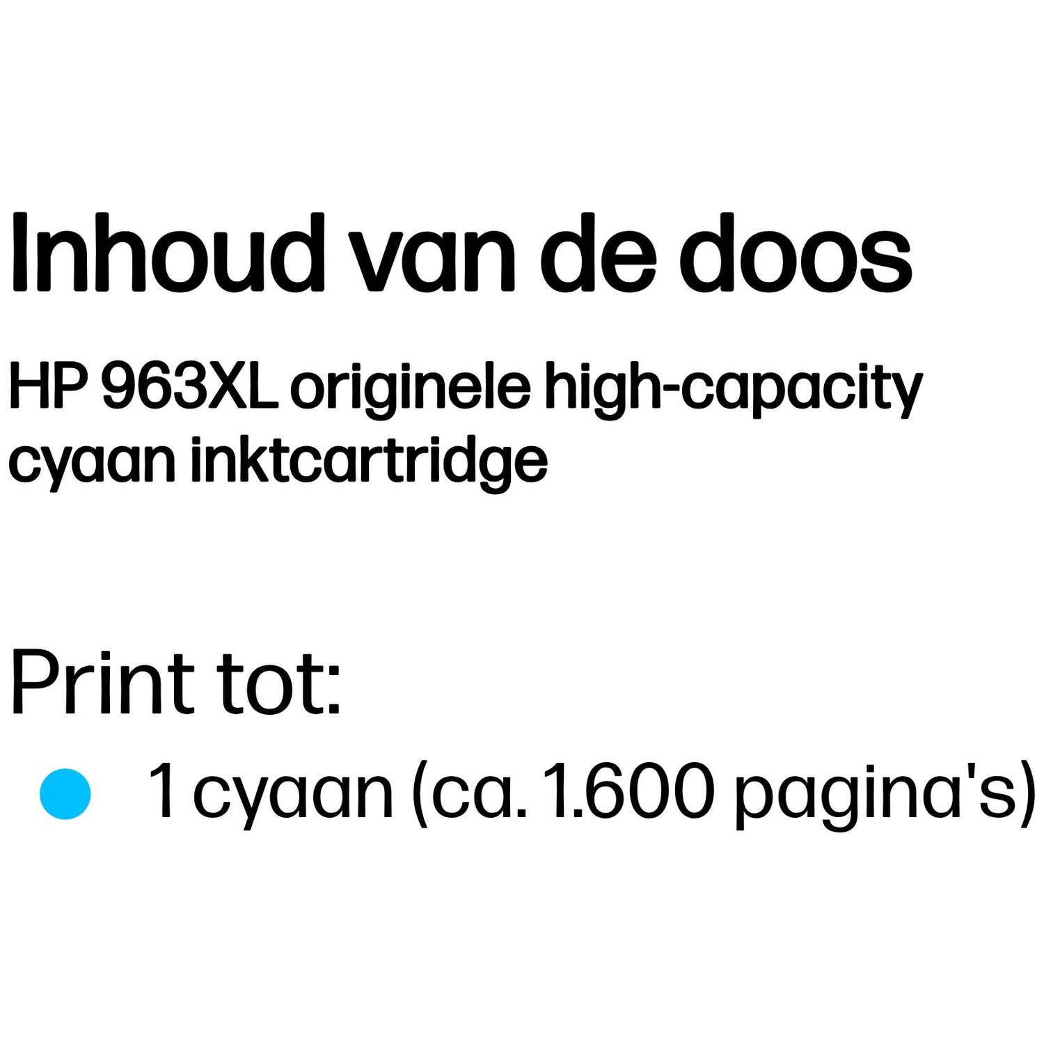 Dutch text about the contents of an HP 963XL cyan ink cartridge printing 1,600 pages.