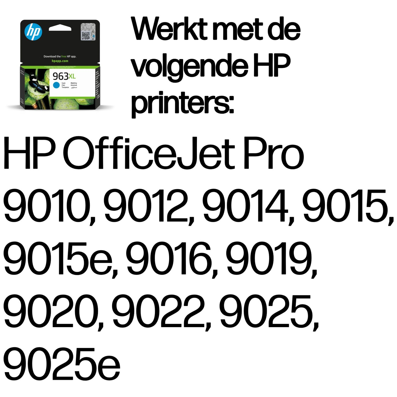 HP 963XL cyan ink cartridge and list of compatible HP OfficeJet Pro printers.