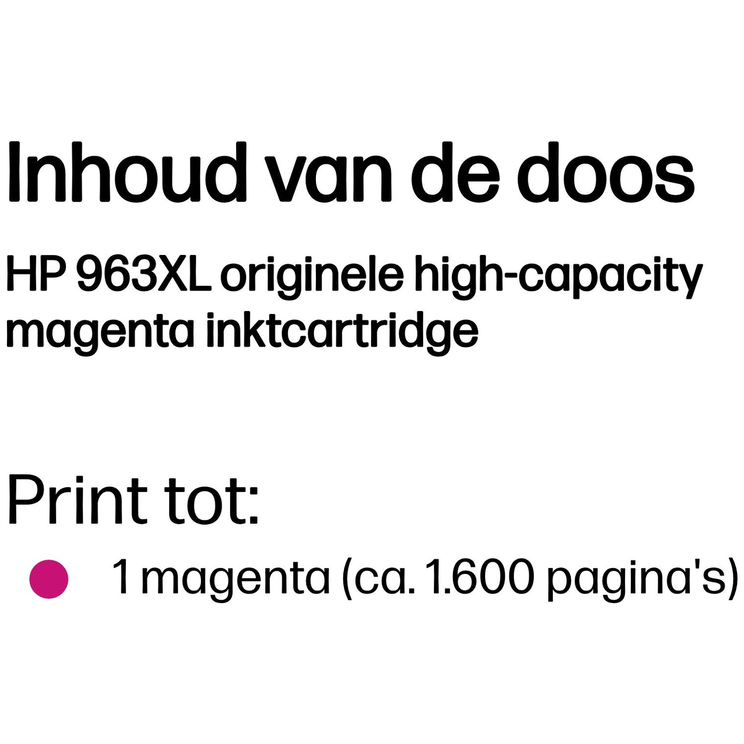 Dutch text about the contents of an HP 963XL magenta ink cartridge yielding approx. 1,600 pages.