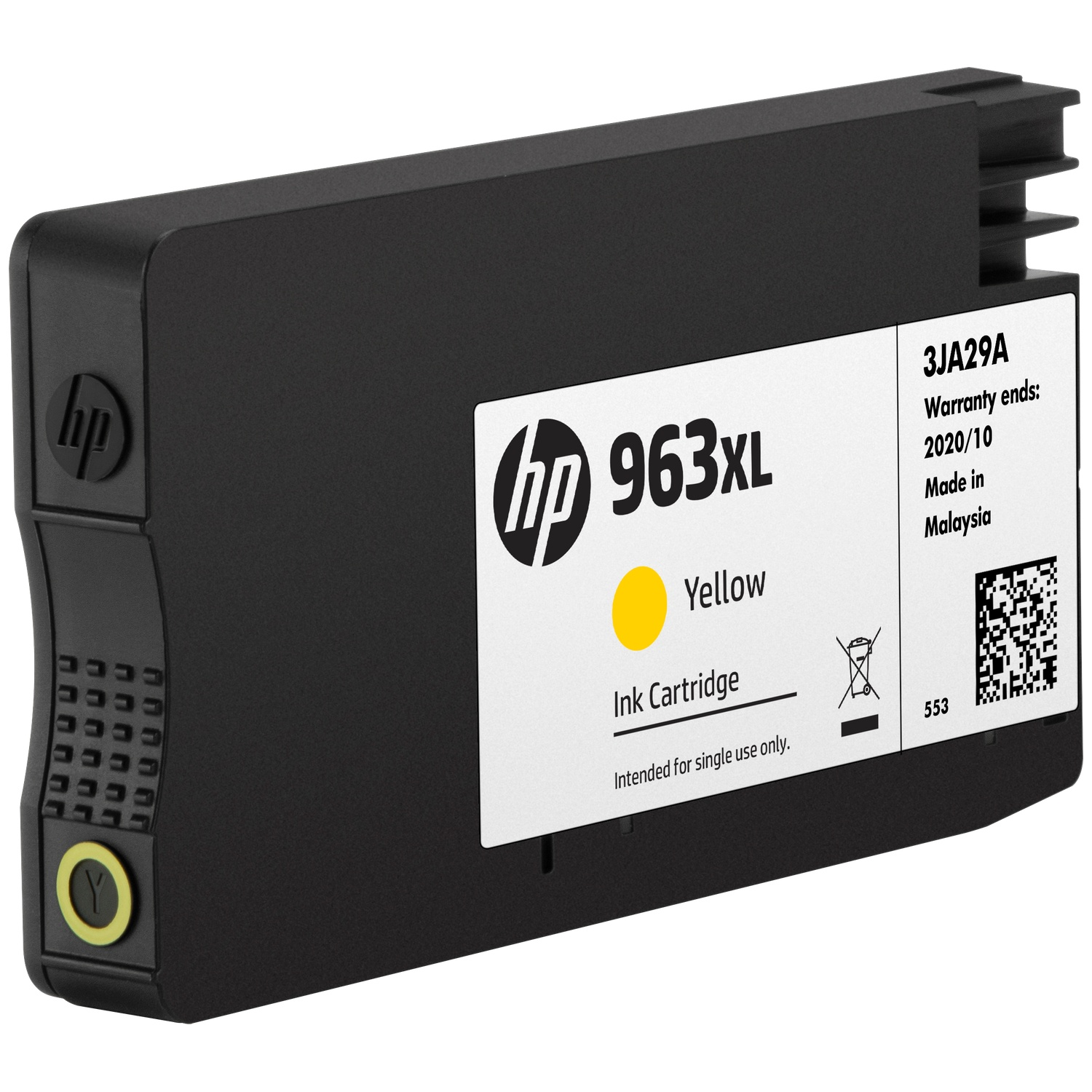 Black HP 963XL yellow ink cartridge on a white background.