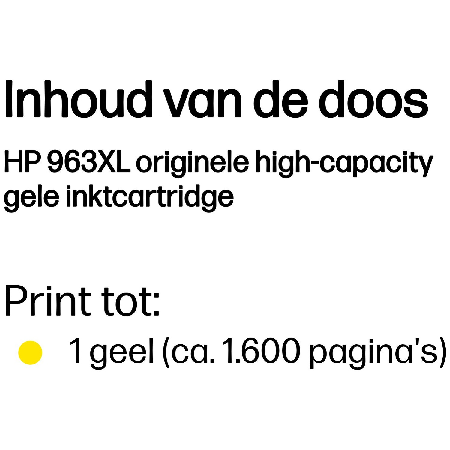 Text about box contents: HP 963XL yellow ink cartridge, prints up to 1600 pages.