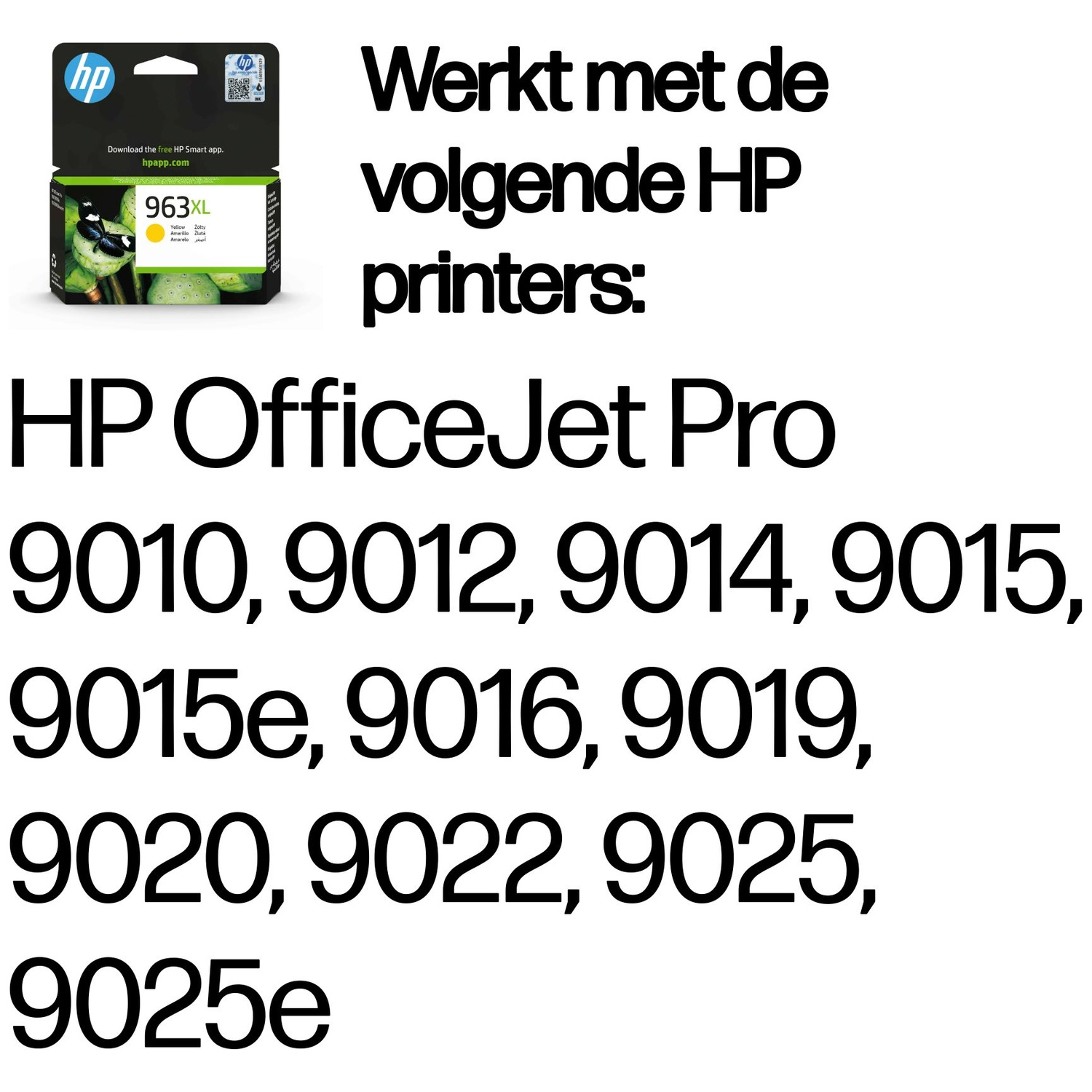 HP 963XL yellow ink cartridge and a list of compatible HP OfficeJet Pro printers.