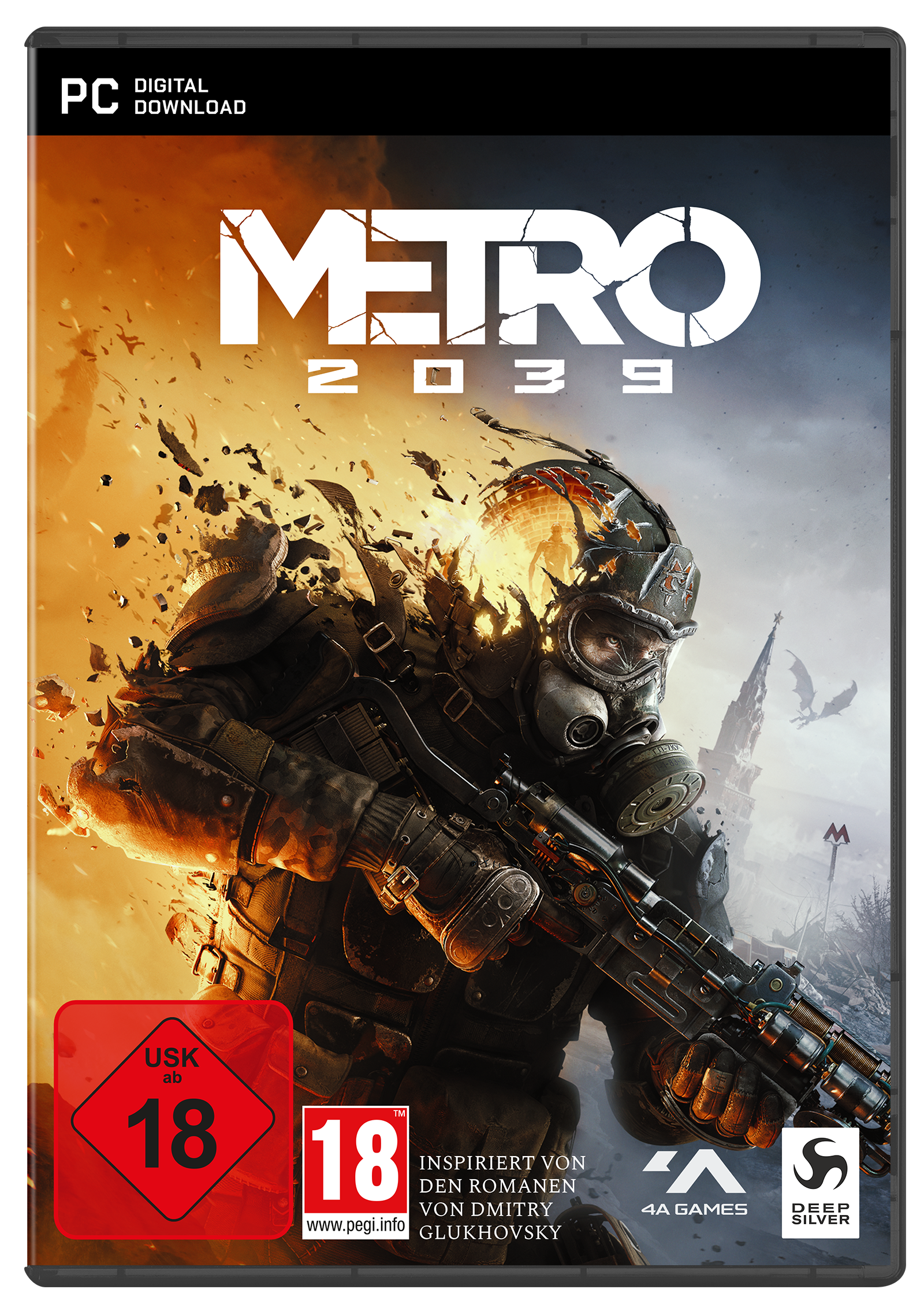 Metro 2033 PC-Spielhülle mit einem Soldaten in Gasmaske und Waffe vor brennender Kulisse.