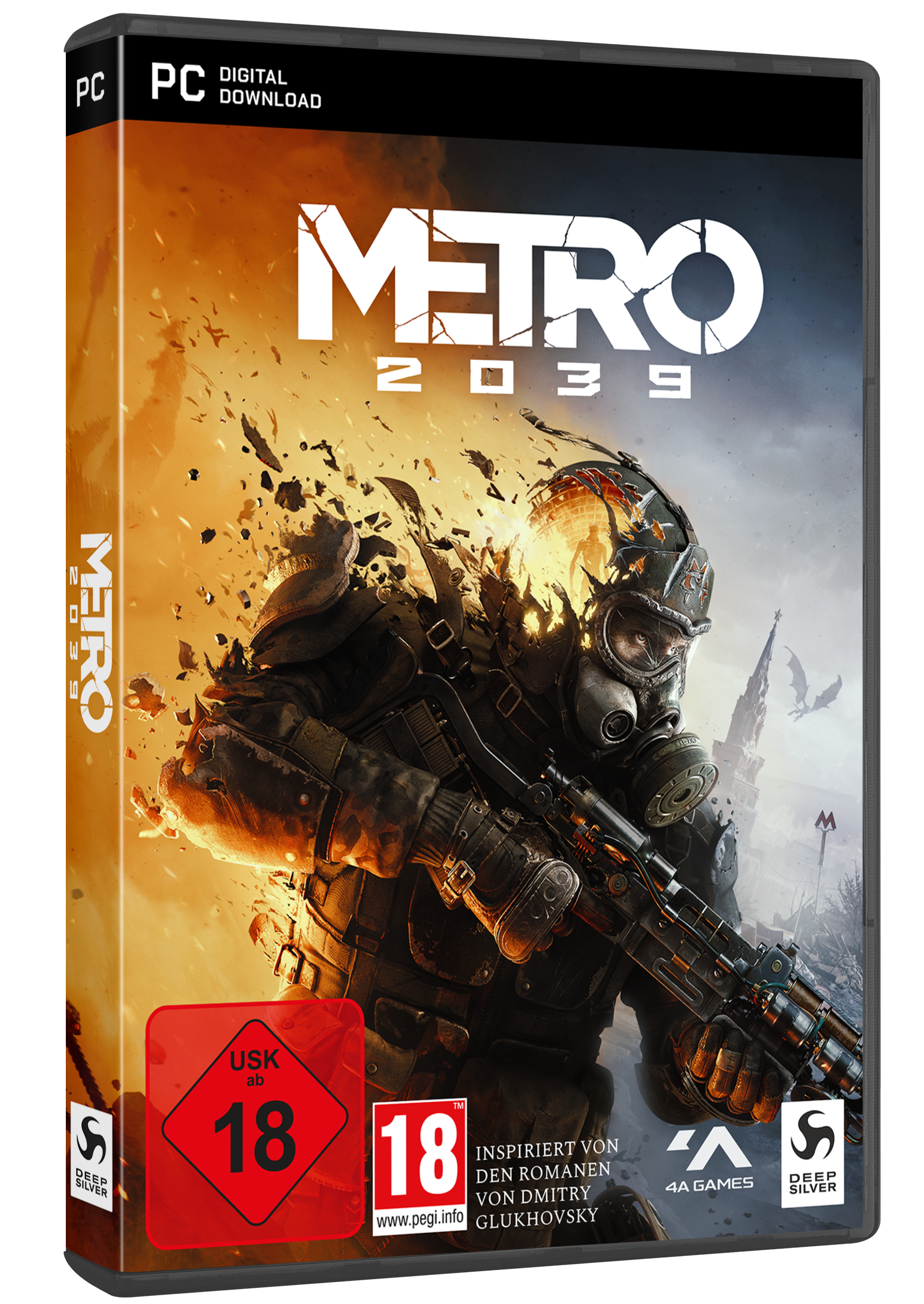 PC-Spielhülle von Metro 2033 mit einem bewaffneten Soldaten in Schutzkleidung vor brennendem Hintergrund.