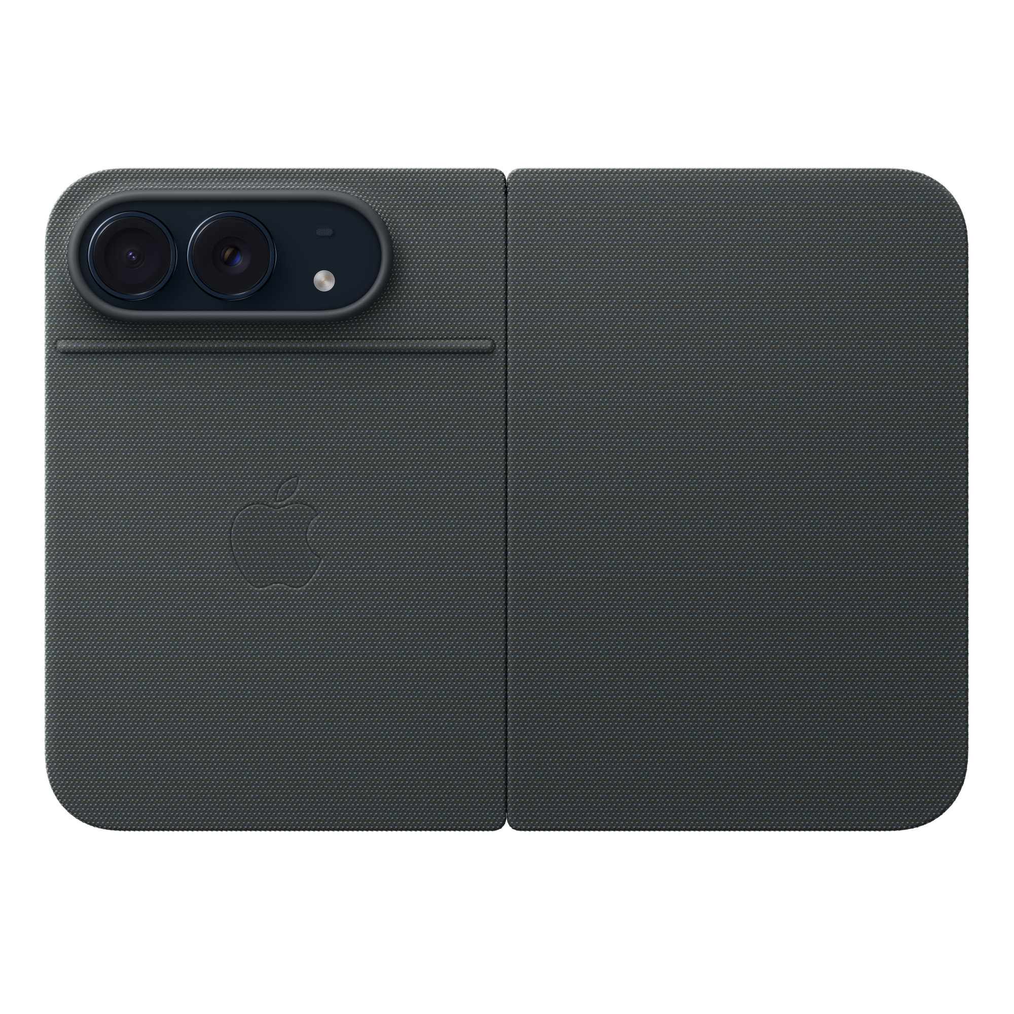 Sötétszürke, összecsukható telefontok bal felső kameraszigettel és középső Apple logóval.