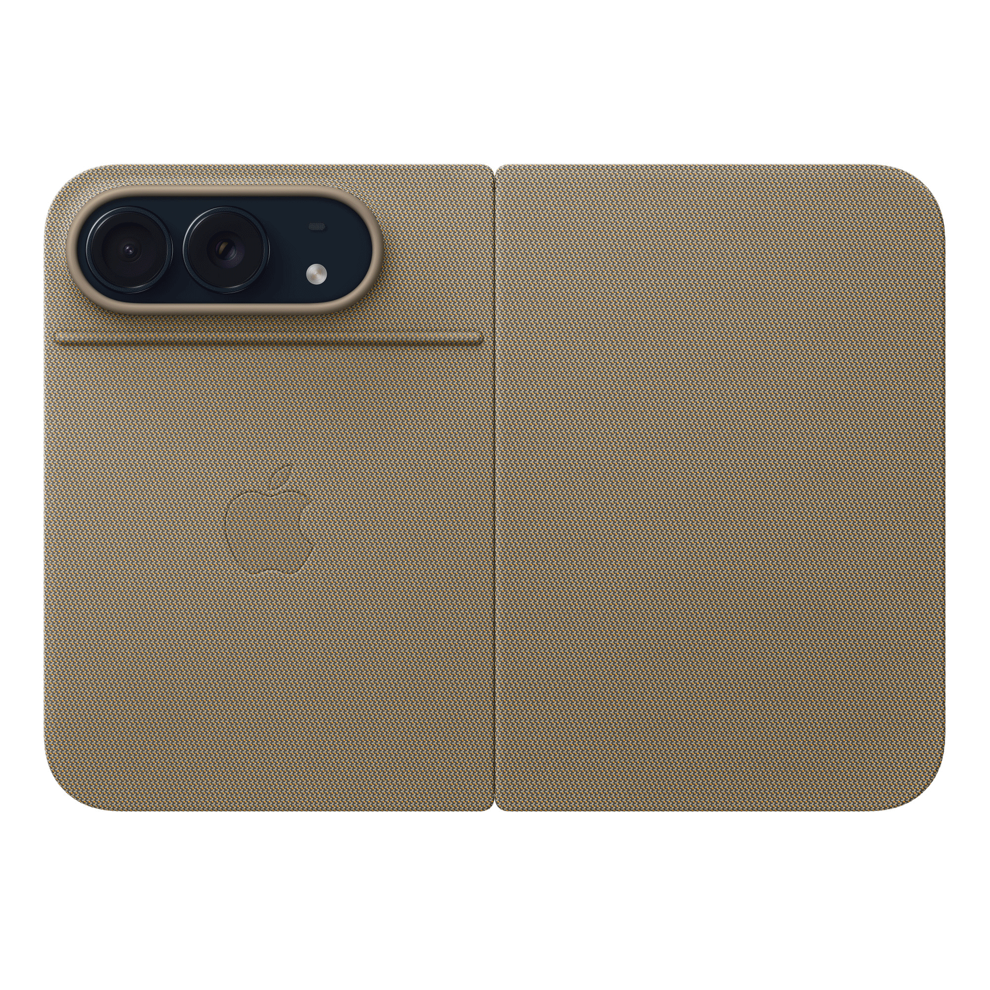 Bézs színű összehajtható telefontok hátlapi duplakamerával és diszkrét Apple logóval.