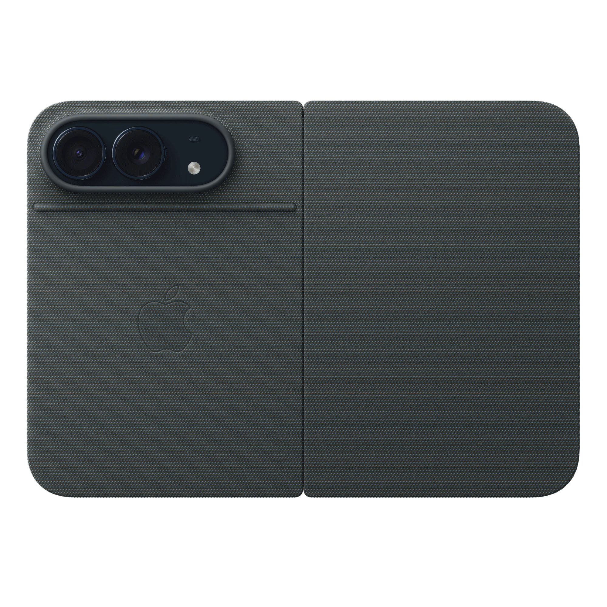 Sötétszürke szövet tok Apple logóval és kiemelkedő kameraszigettel.