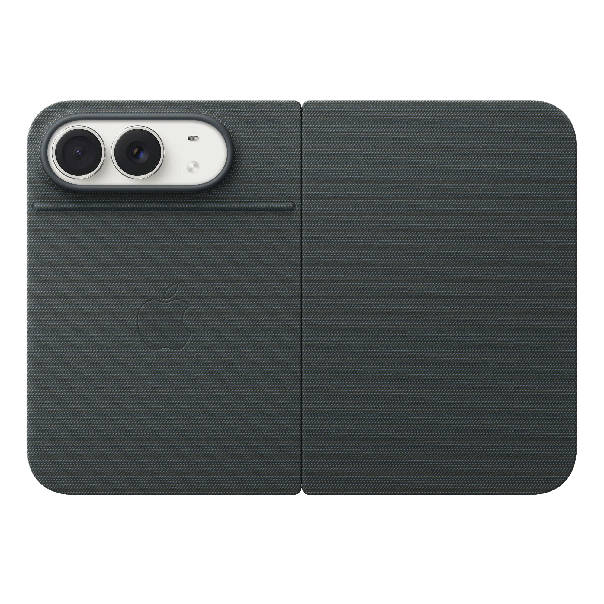 Sötétszürke szövet okostelefon tok duális kamerával és Apple logóval.