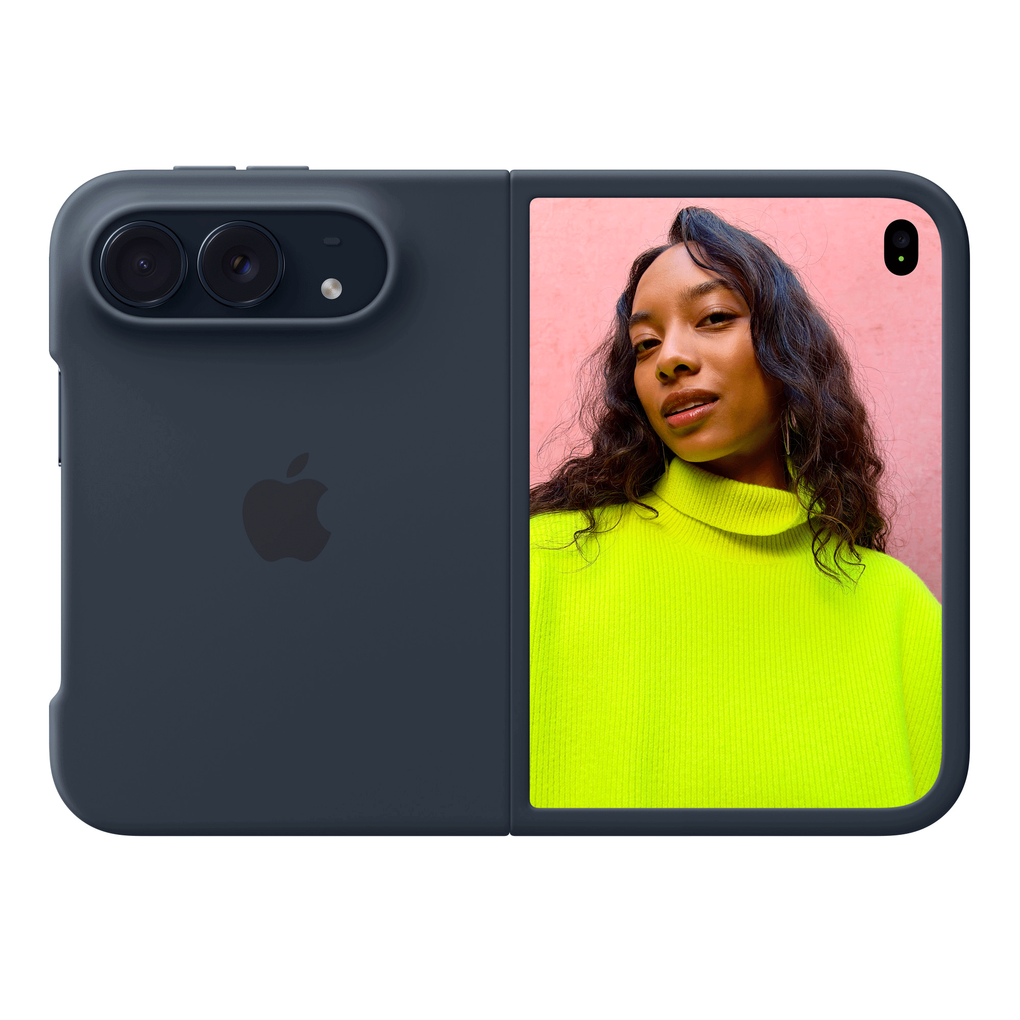 Összehajtható okostelefon sötétszürke tokban Apple logóval, a képernyőn egy nősárga pulóverben.