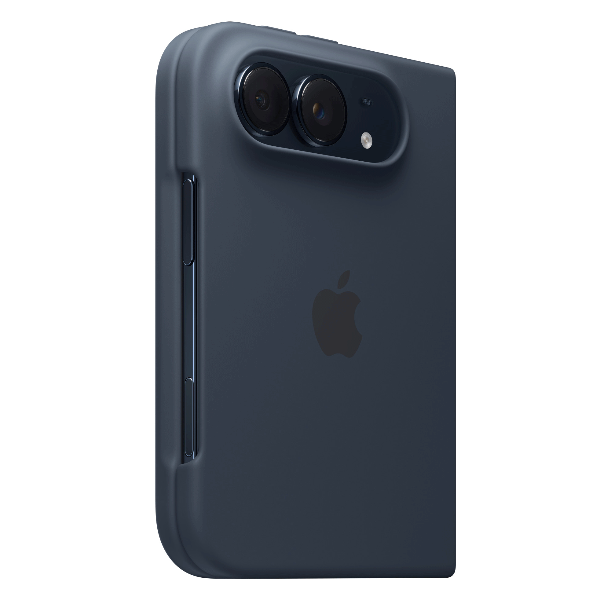 Sötétkék védőtok okostelefonhoz Apple logóval, két hátlapi kamerával és oldalsó gombokkal.