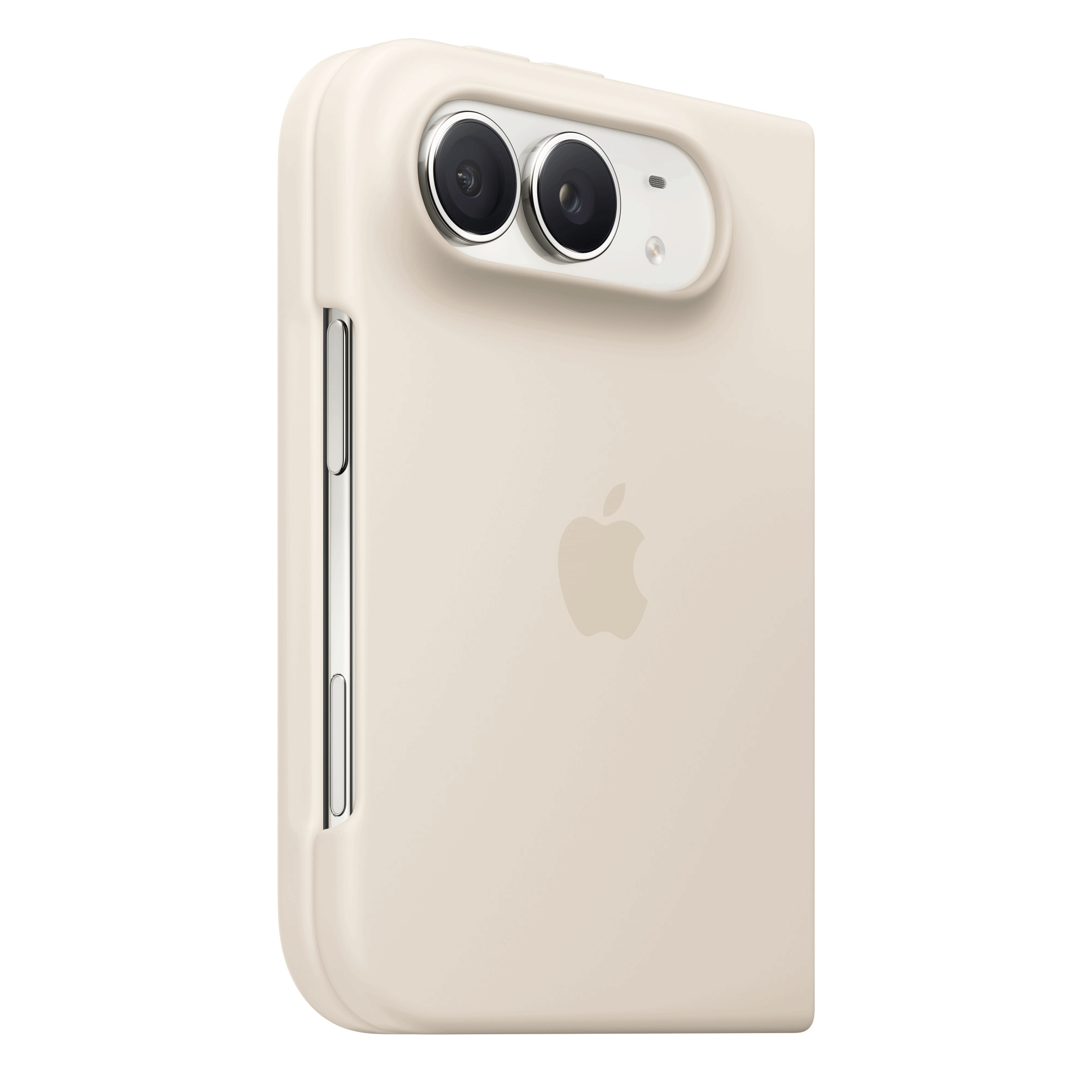 Egy bézs színű, összehajtható okostelefon tok két kamerával a hátulján és az Apple logóval középen.