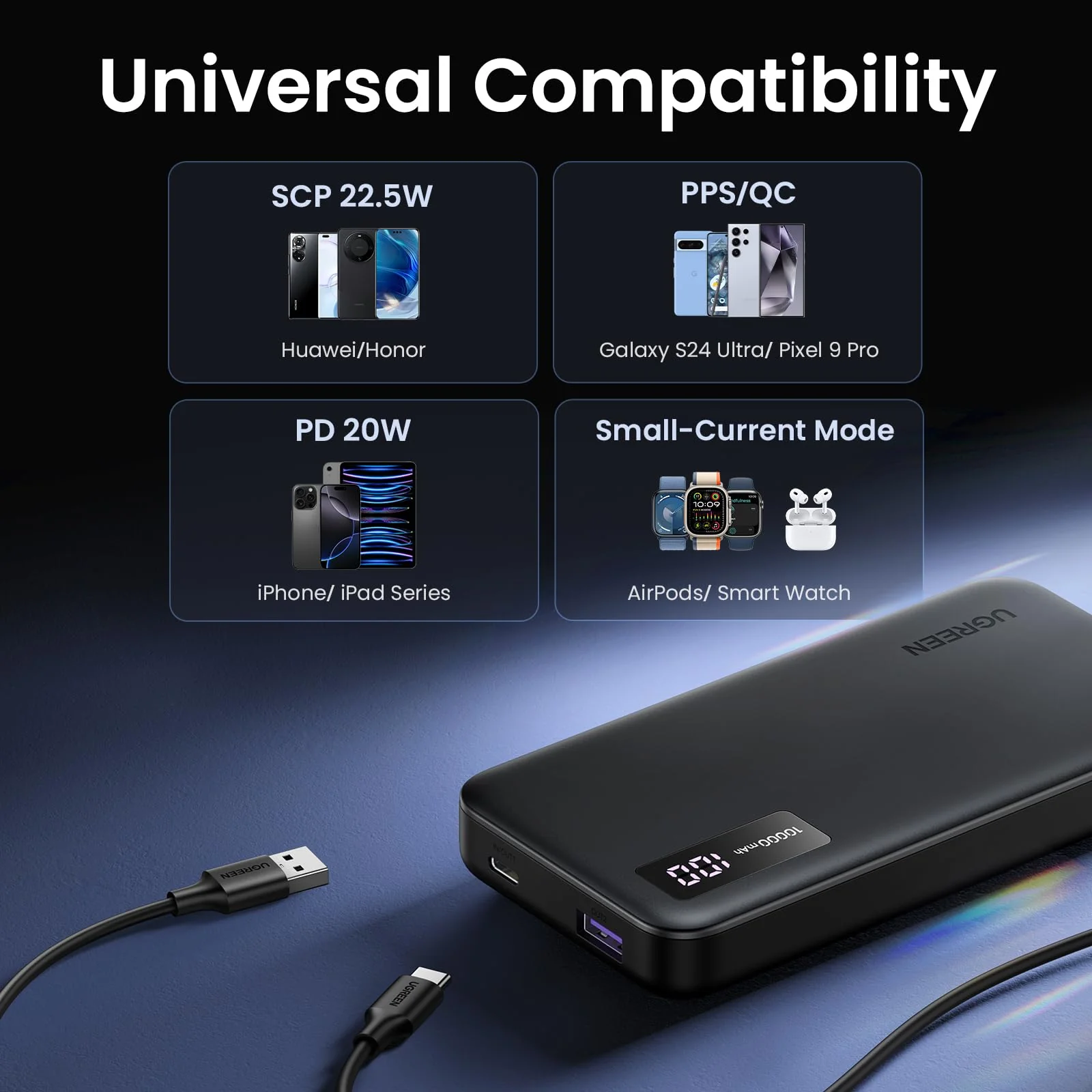 Fekete power bank kijelzővel és kábelekkel, amely univerzális kompatibilitást mutat különböző eszközökkel.