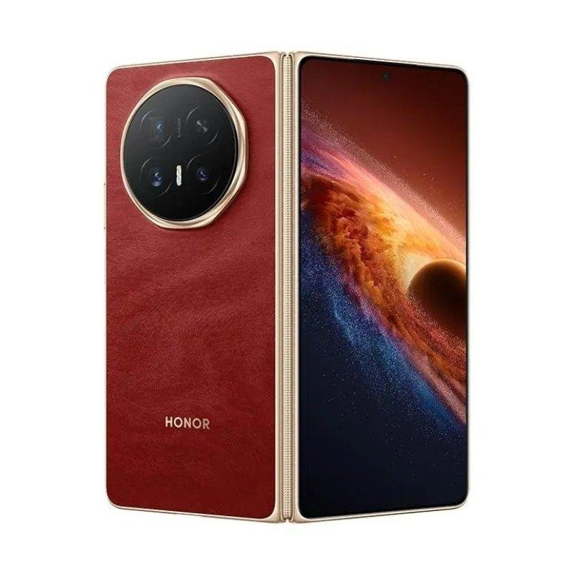 Smartphone plegable rojo Honor con cámara redonda y pantalla colorida sobre fondo blanco.