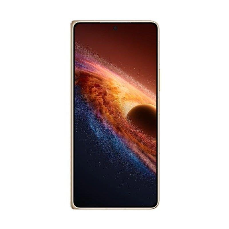 Un teléfono inteligente con un fondo de pantalla cósmico colorido que muestra un agujero negro.