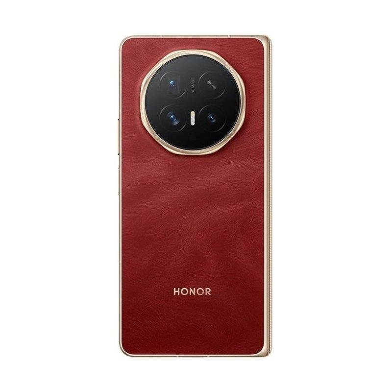 Parte trasera de un smartphone Honor rojo con una gran cámara redonda y marco dorado sobre fondo blanco.