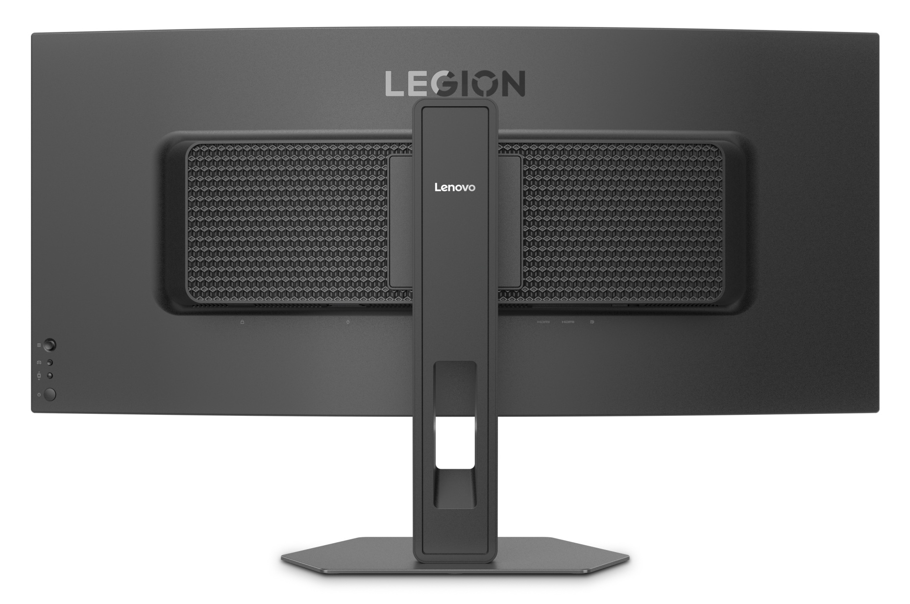 Widok z tyłu czarnego zakrzywionego monitora Lenovo Legion z podstawką, kratką głośnika i logo.