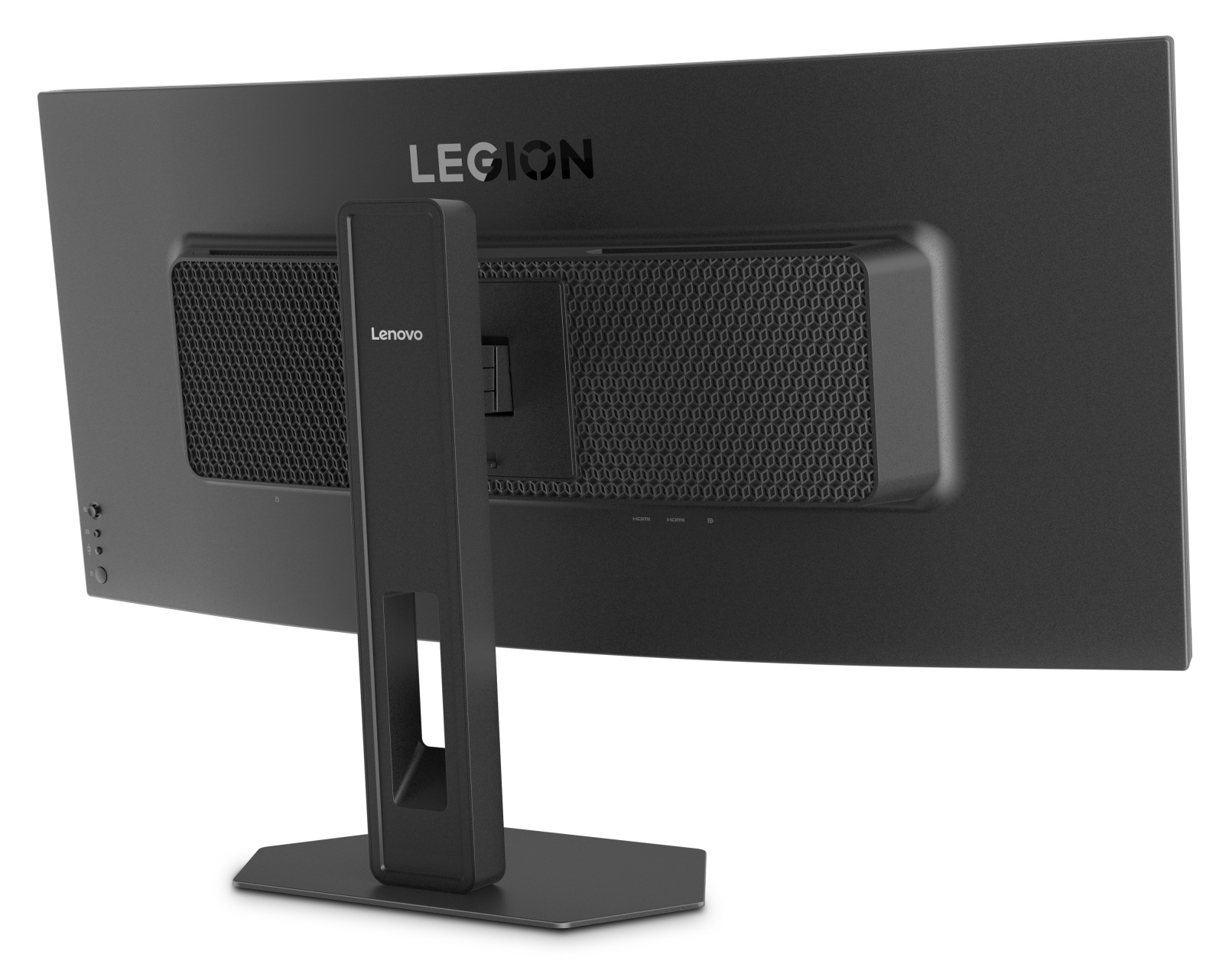 Widok z tyłu czarnego monitora Lenovo Legion z podstawką na białym tle.