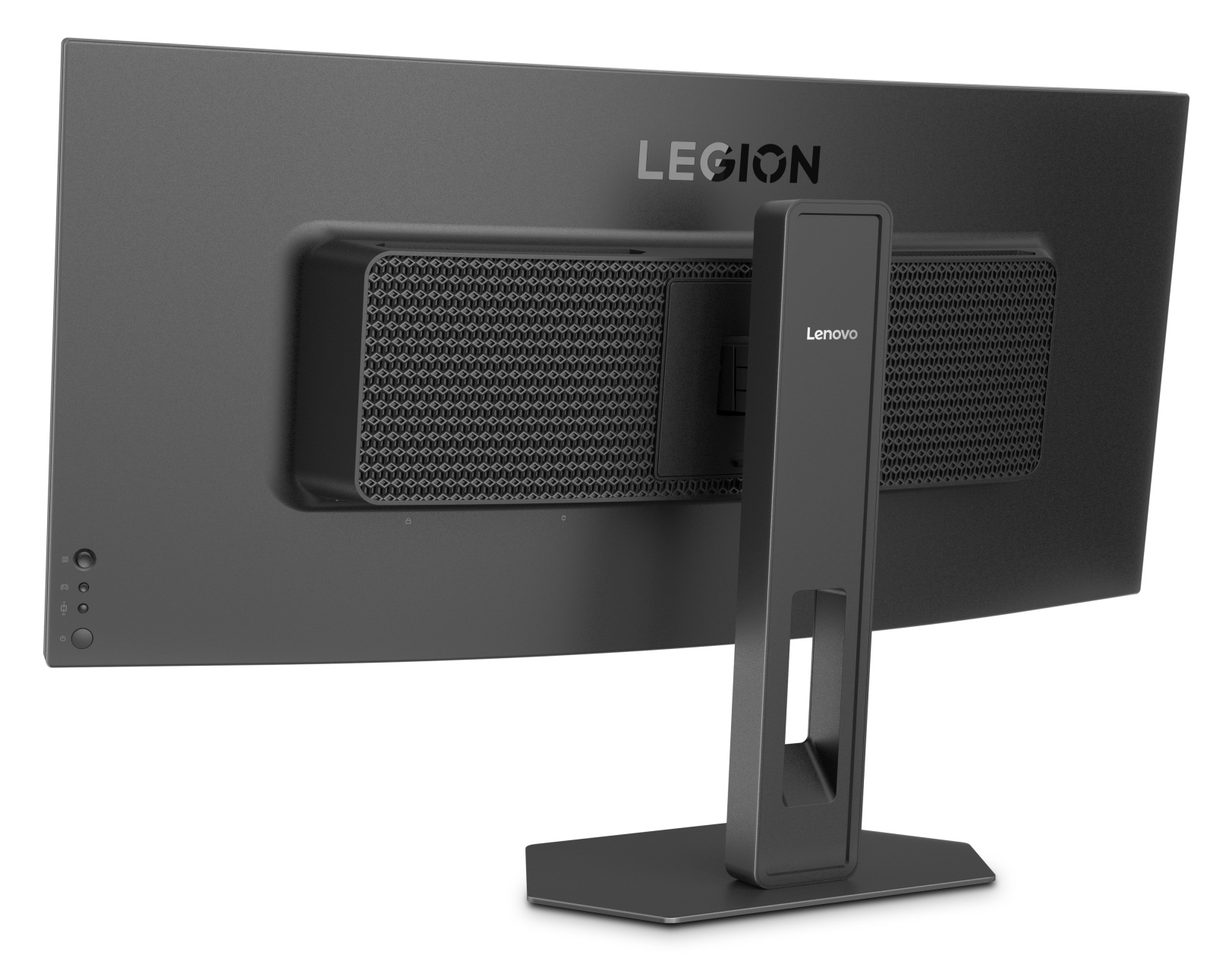 Widok z tyłu czarnego zakrzywionego monitora Lenovo Legion na stojaku na białym tle.