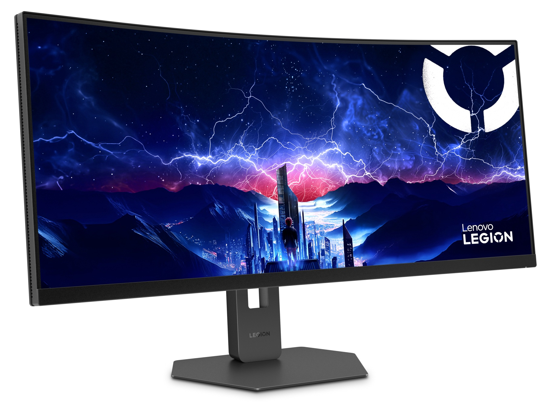 Zakrzywiony monitor gamingowy Lenovo Legion przedstawiający futurystyczne miasto pod burzowym, niebiesko-fioletowym niebem.