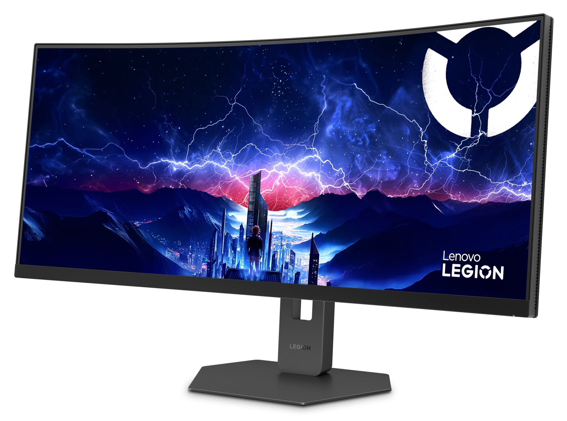 Szeroki zakrzywiony monitor Lenovo Legion z futurystycznym miastem i błyskawicami na białym tle.